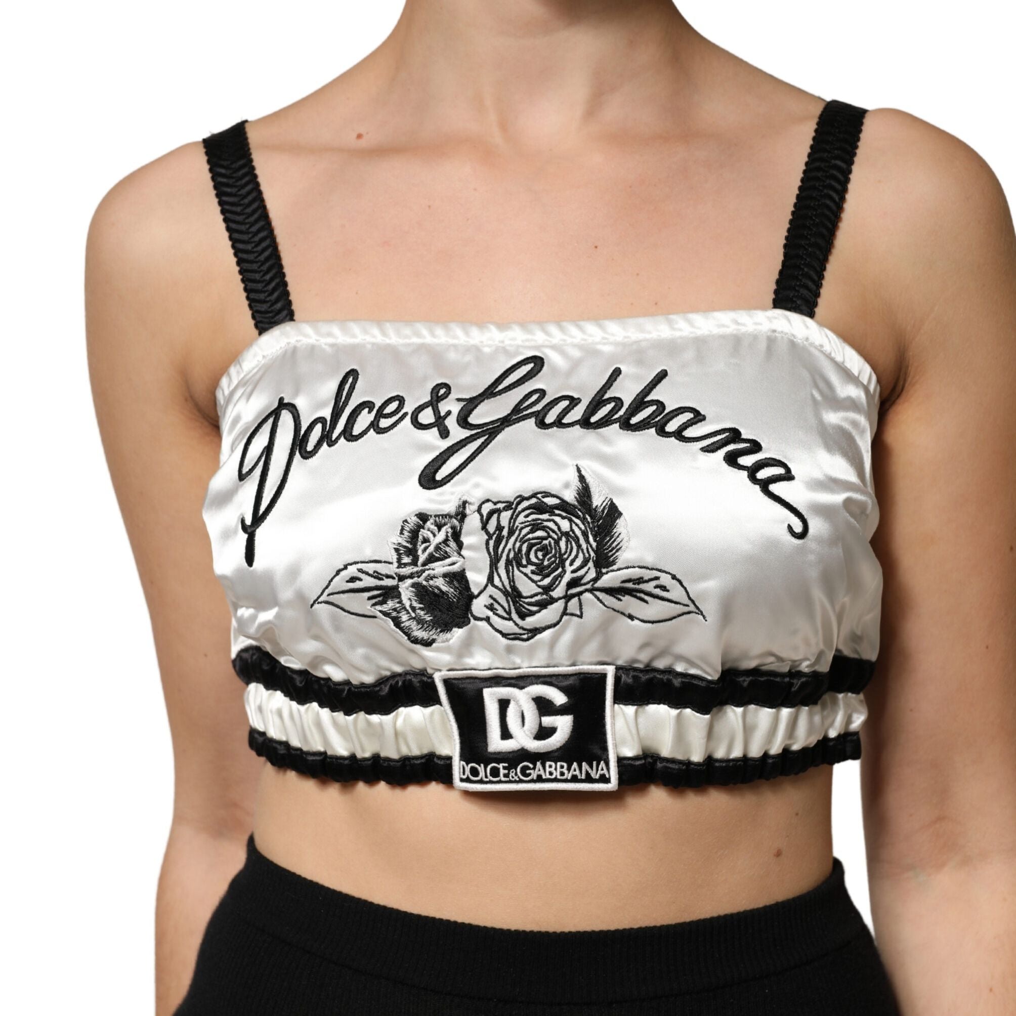 Dolce & Gabbana White Silk Satin Crop Black Logo Bralette Top