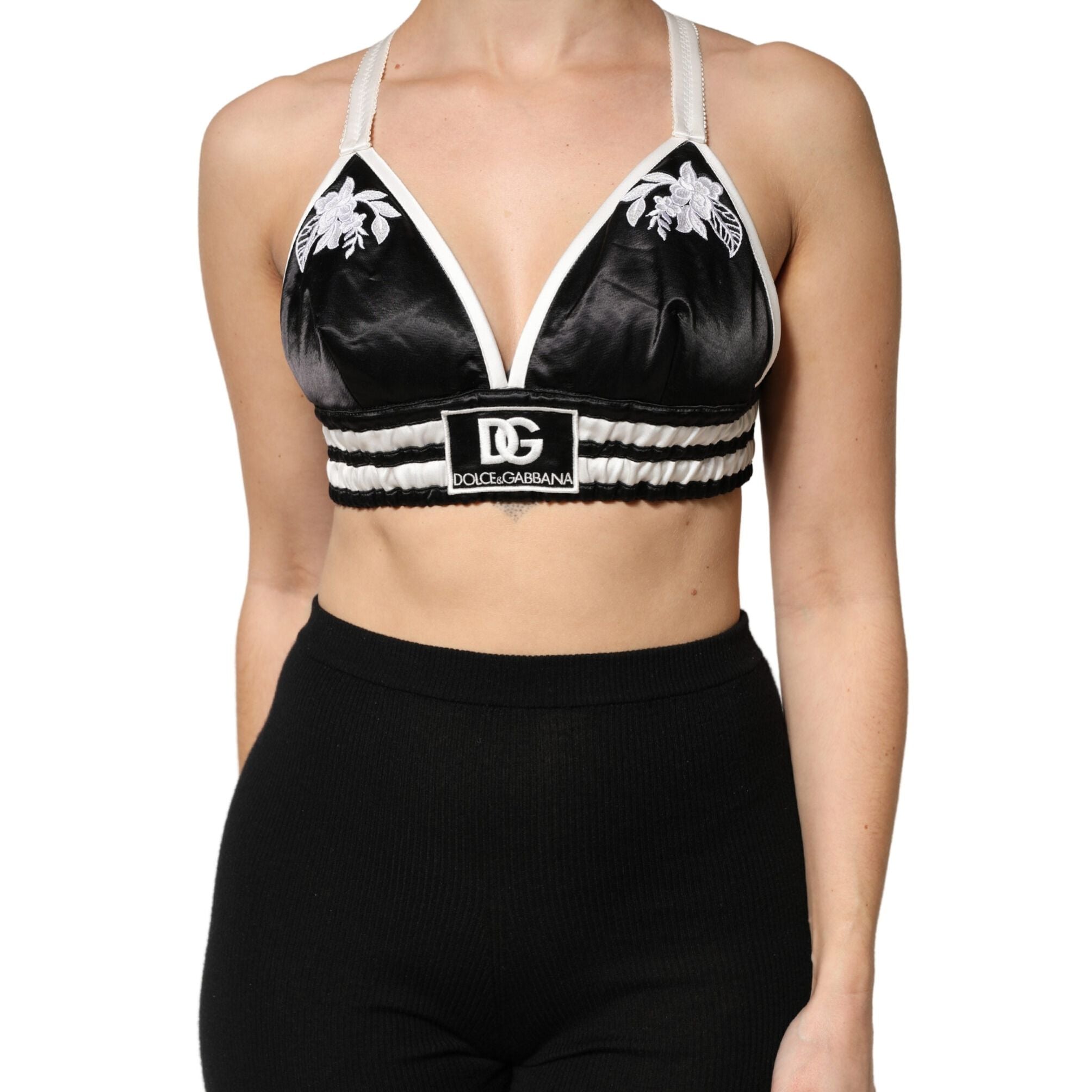 Dolce & Gabbana Black Floral Silk Satin Crop Logo Bralette Top