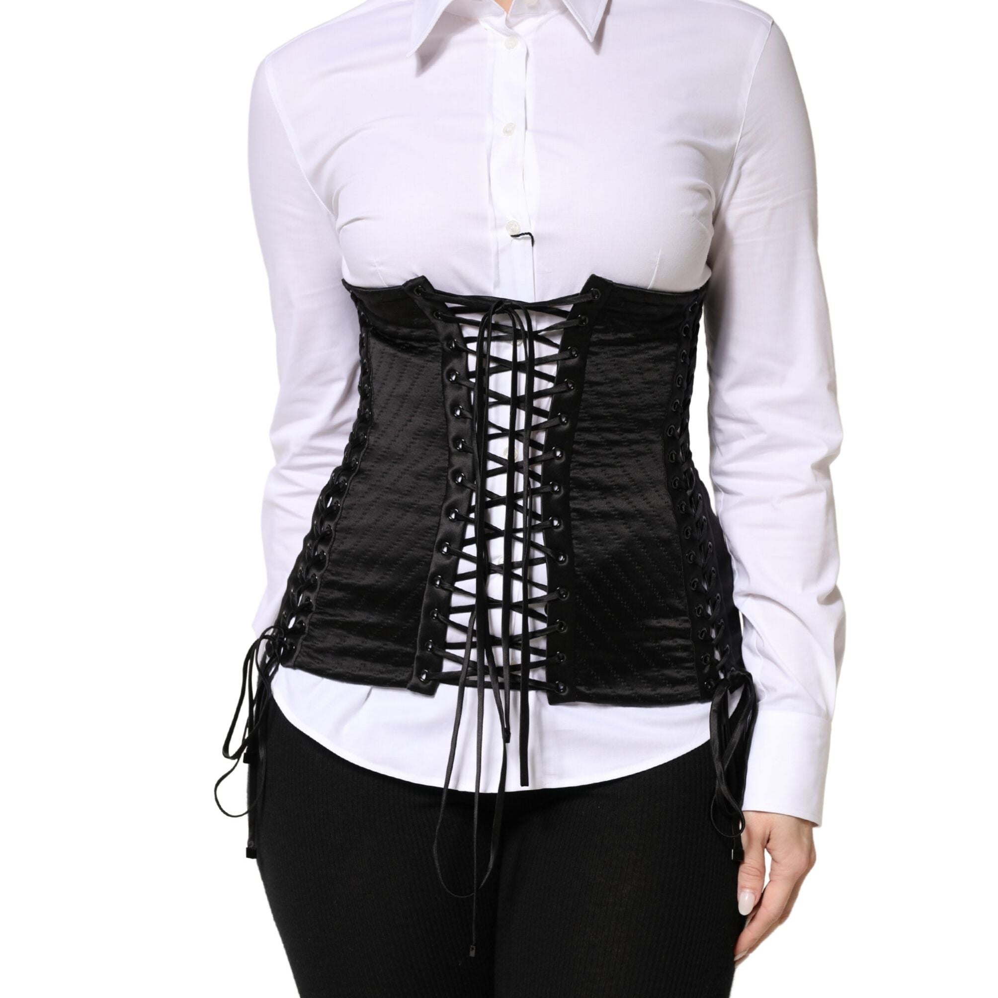 Dolce & Gabbana Black Silk Lace-Up Waist Cincher Corset Top
