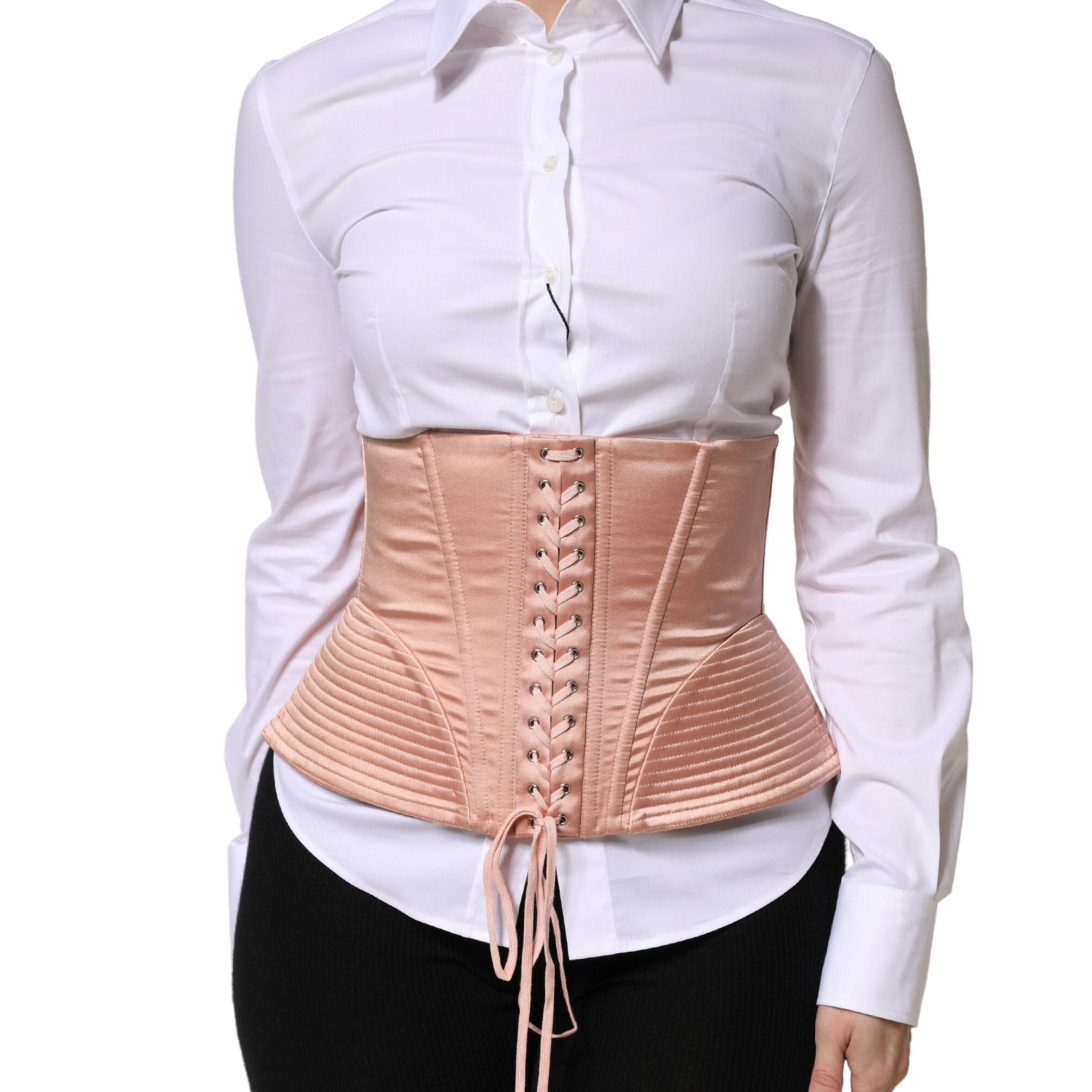Dolce & Gabbana Pale Pink Silk LaceUp Waist Cincher Corset Top