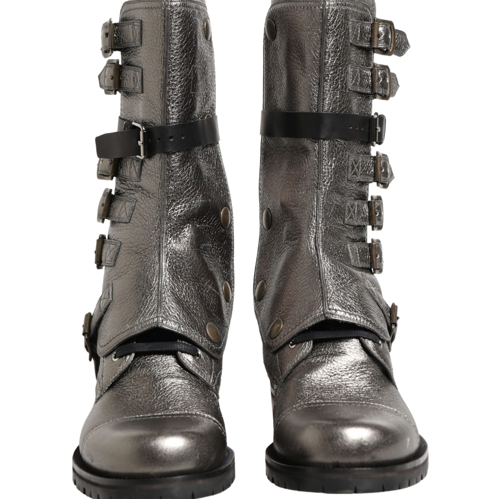 Dolce & Gabbana Metallic Leather Buckle Combat Boots Shoes
