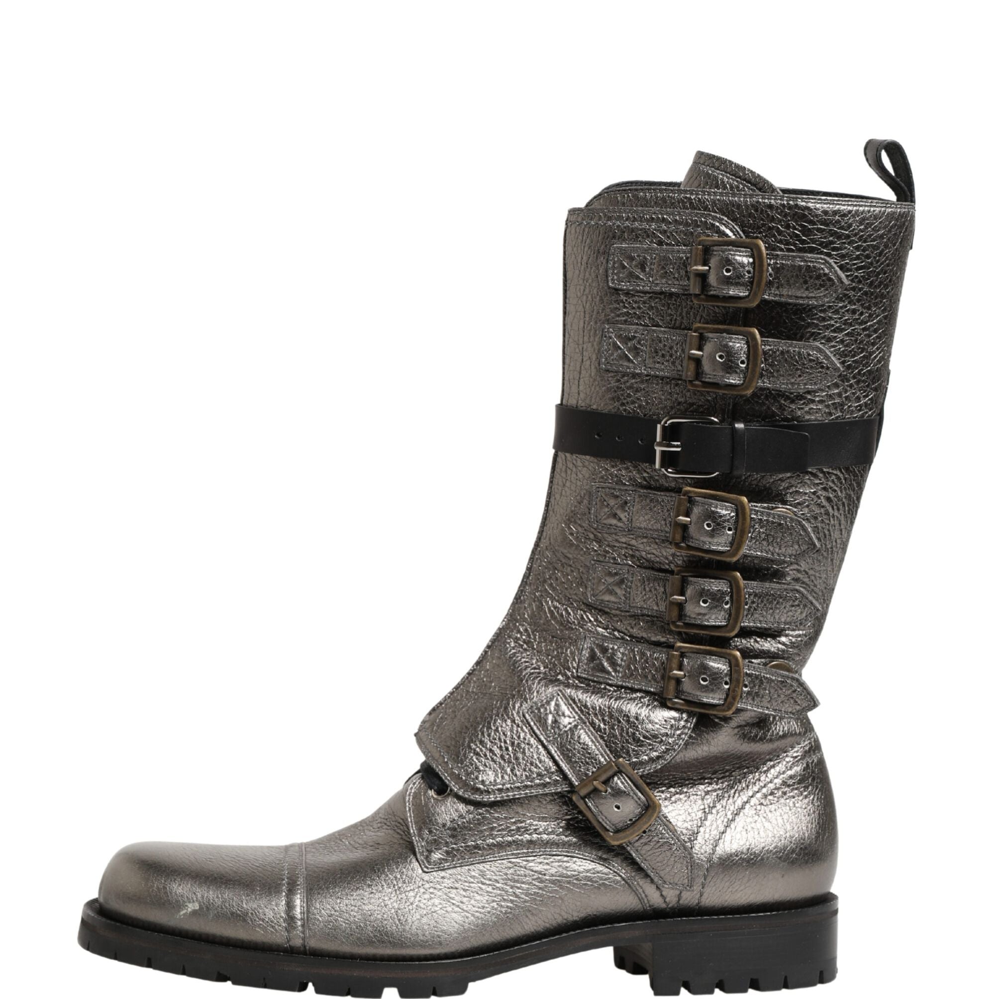 Dolce & Gabbana Metallic Leather Buckle Combat Boots Shoes