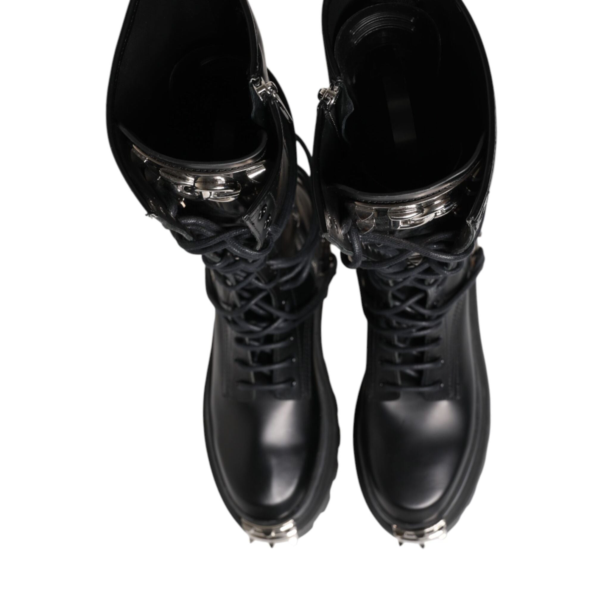 Dolce & Gabbana Black Leather Knee High Combat Boots Shoes