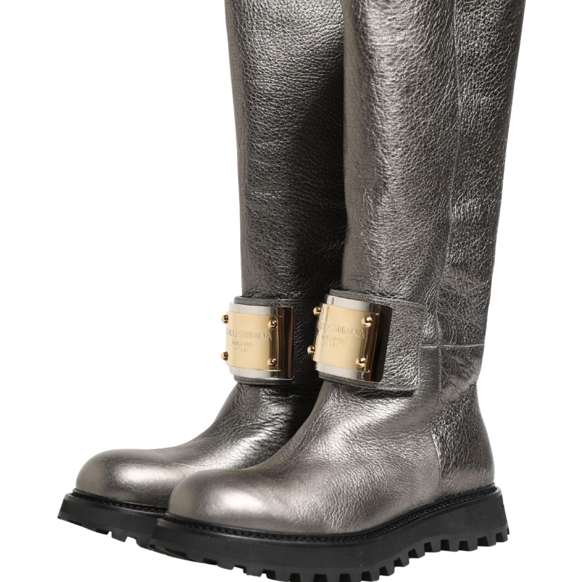 Dolce & Gabbana Metallic Silver Leather Mid Calf Boots Shoes