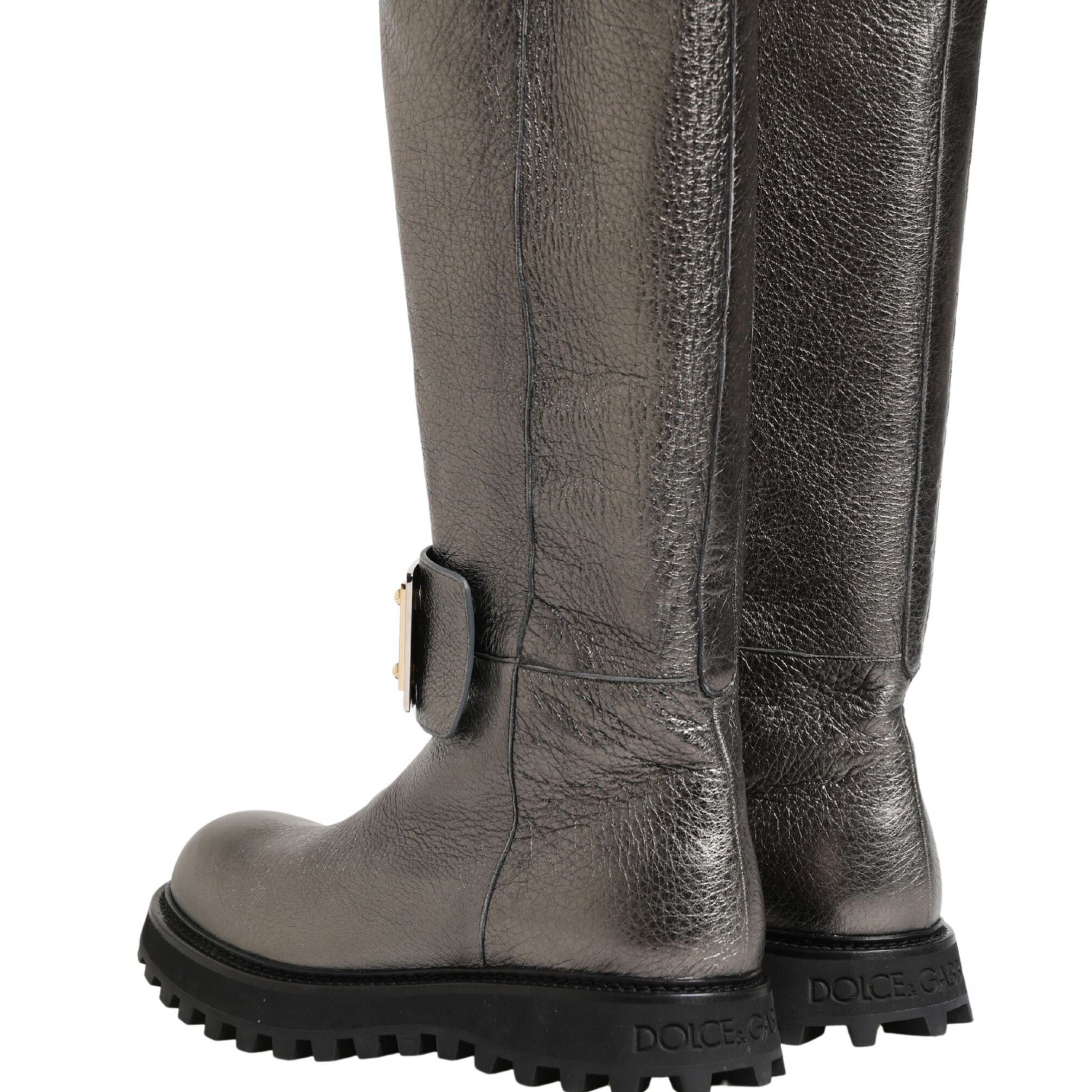 Dolce & Gabbana Metallic Silver Leather Mid Calf Boots Shoes