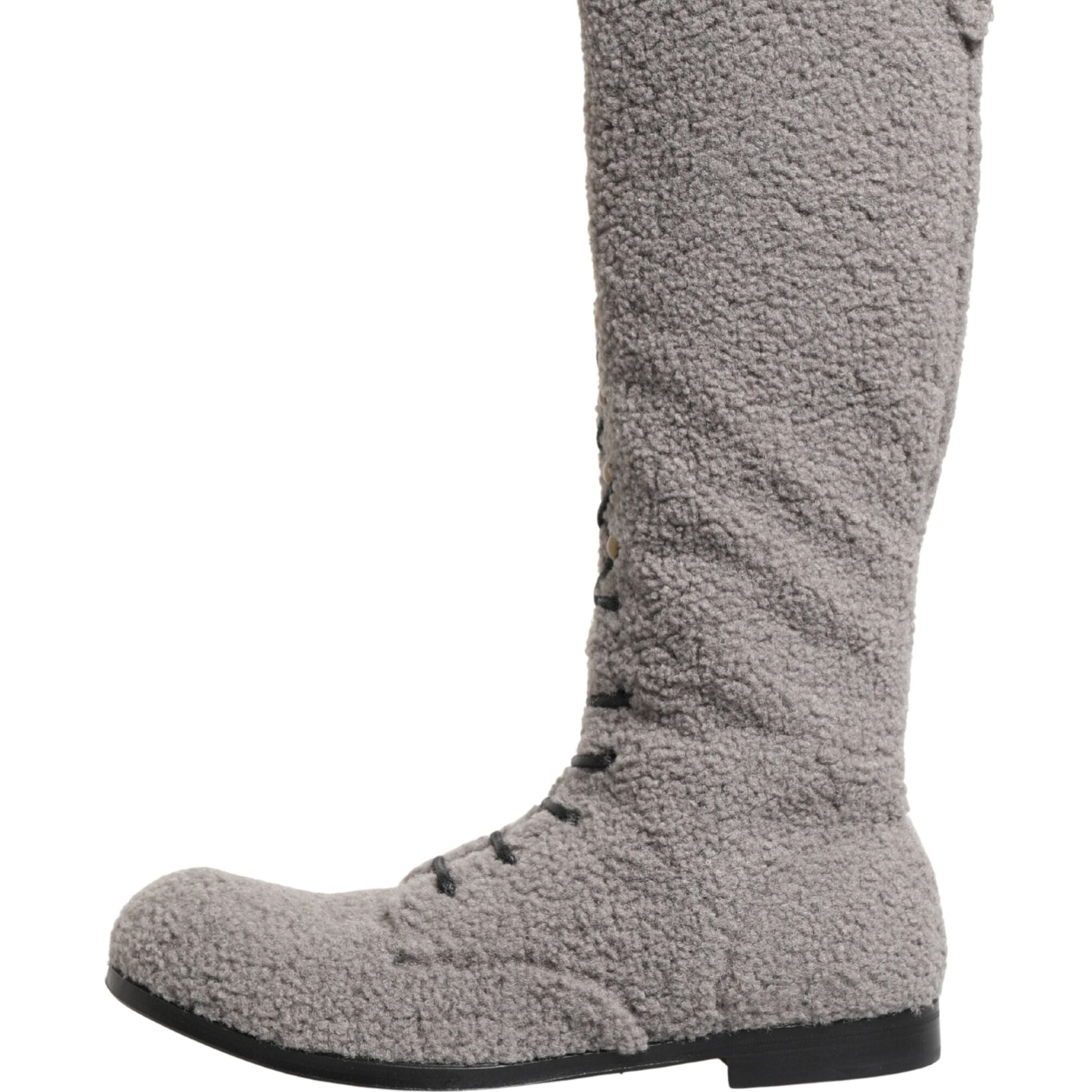 Dolce & Gabbana Gray Shearling Lace Up Knee High Boots Shoes