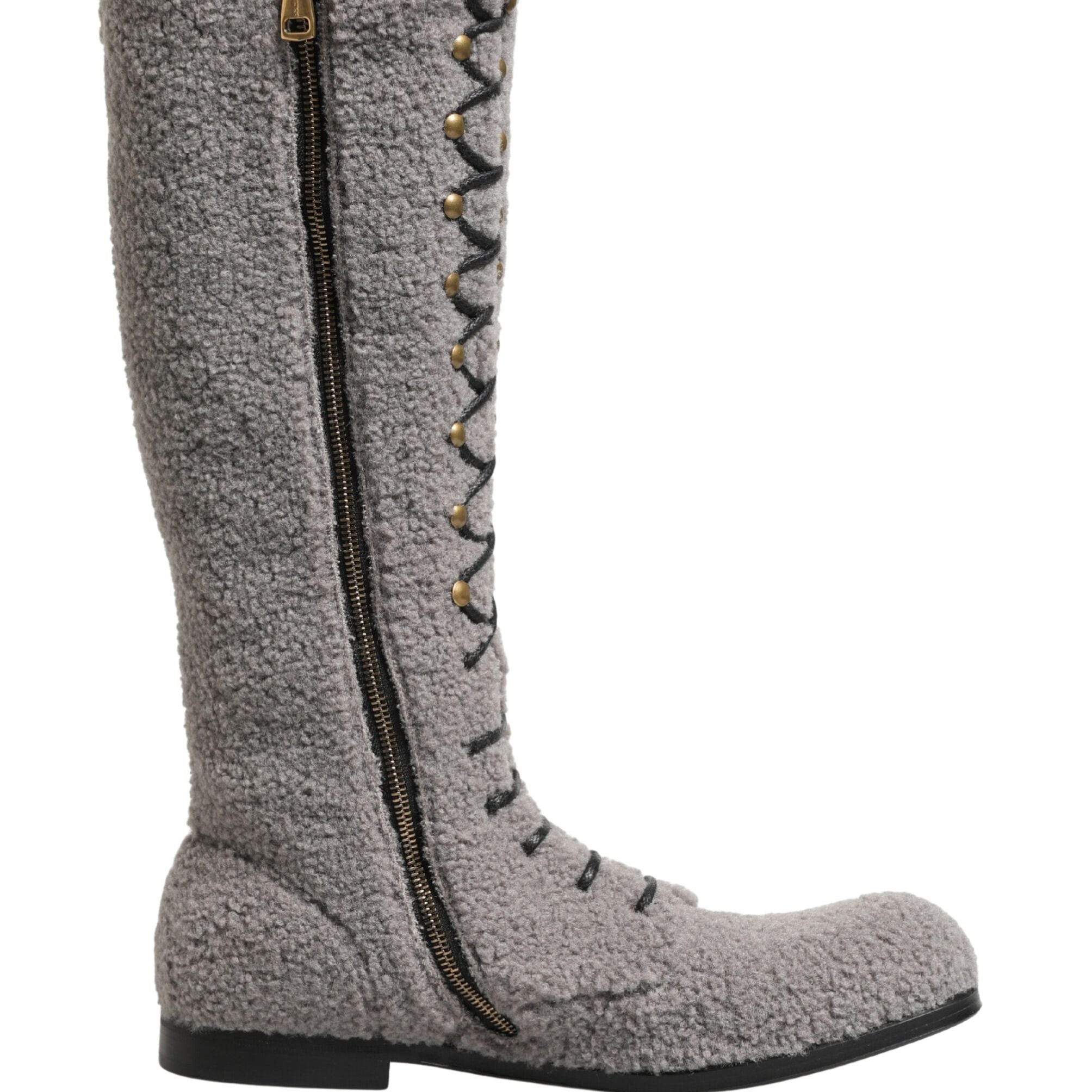 Dolce & Gabbana Gray Shearling Lace Up Knee High Boots Shoes