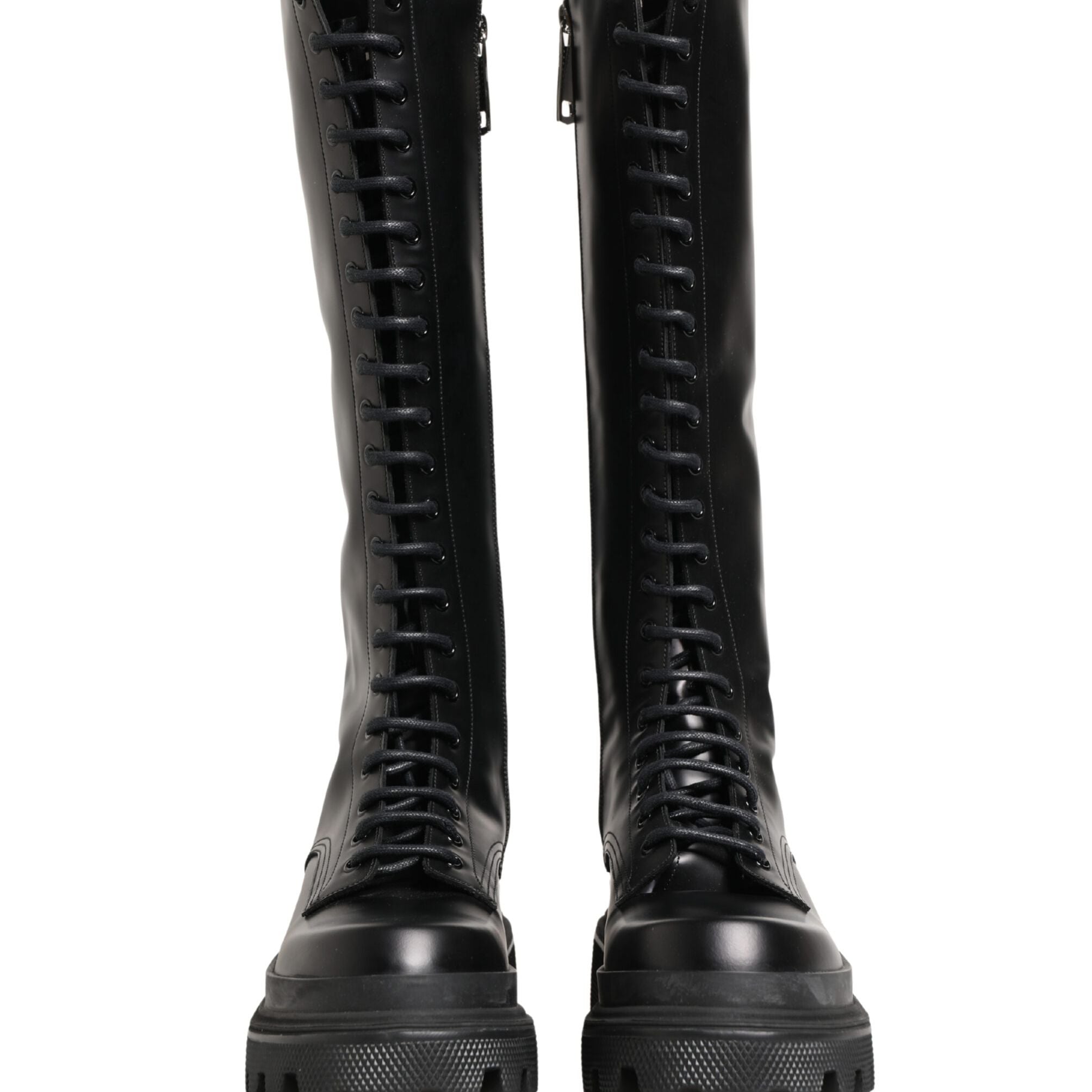 Dolce & Gabbana Black Leather Knee High Lace Up Boots Shoes