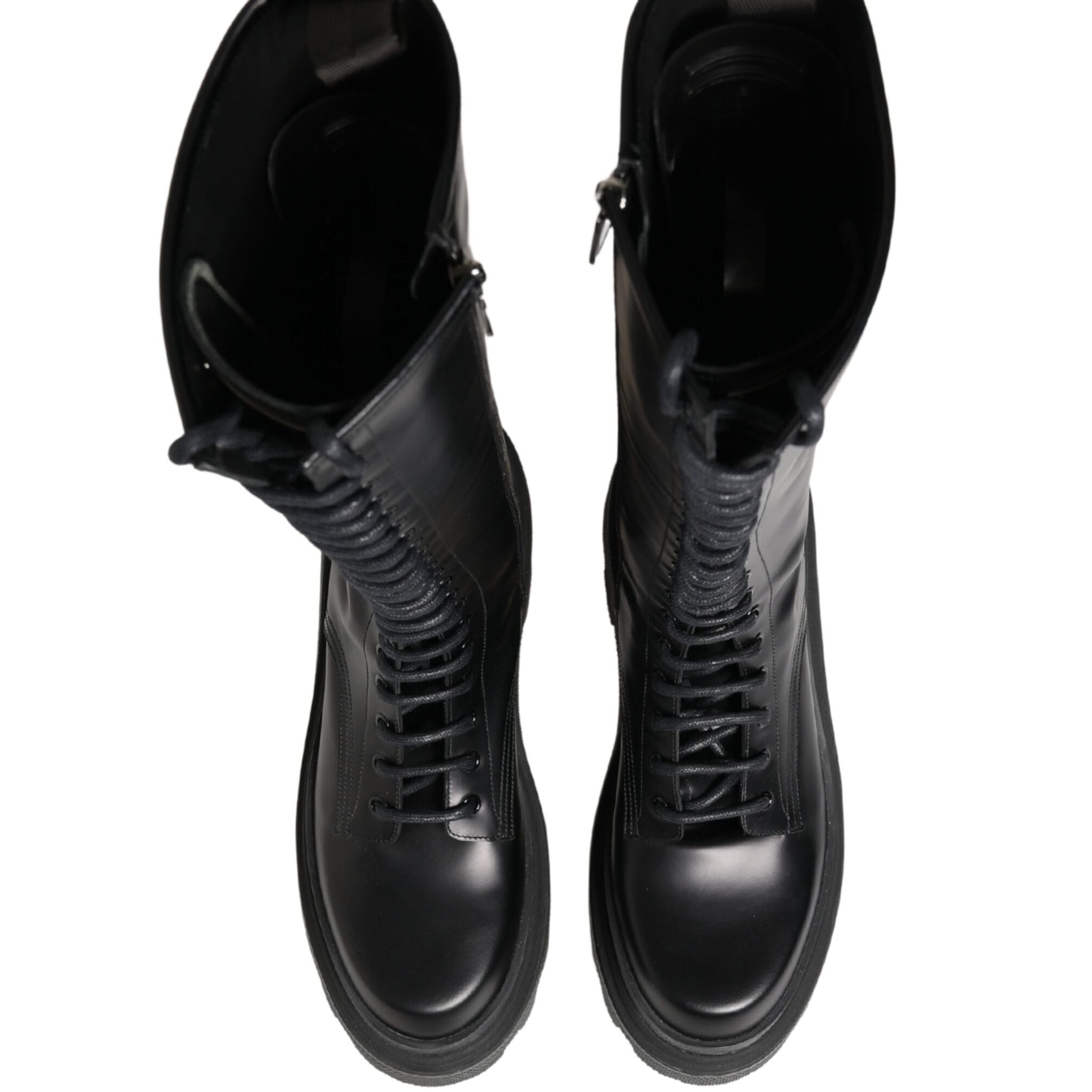 Dolce & Gabbana Black Leather Knee High Lace Up Boots Shoes