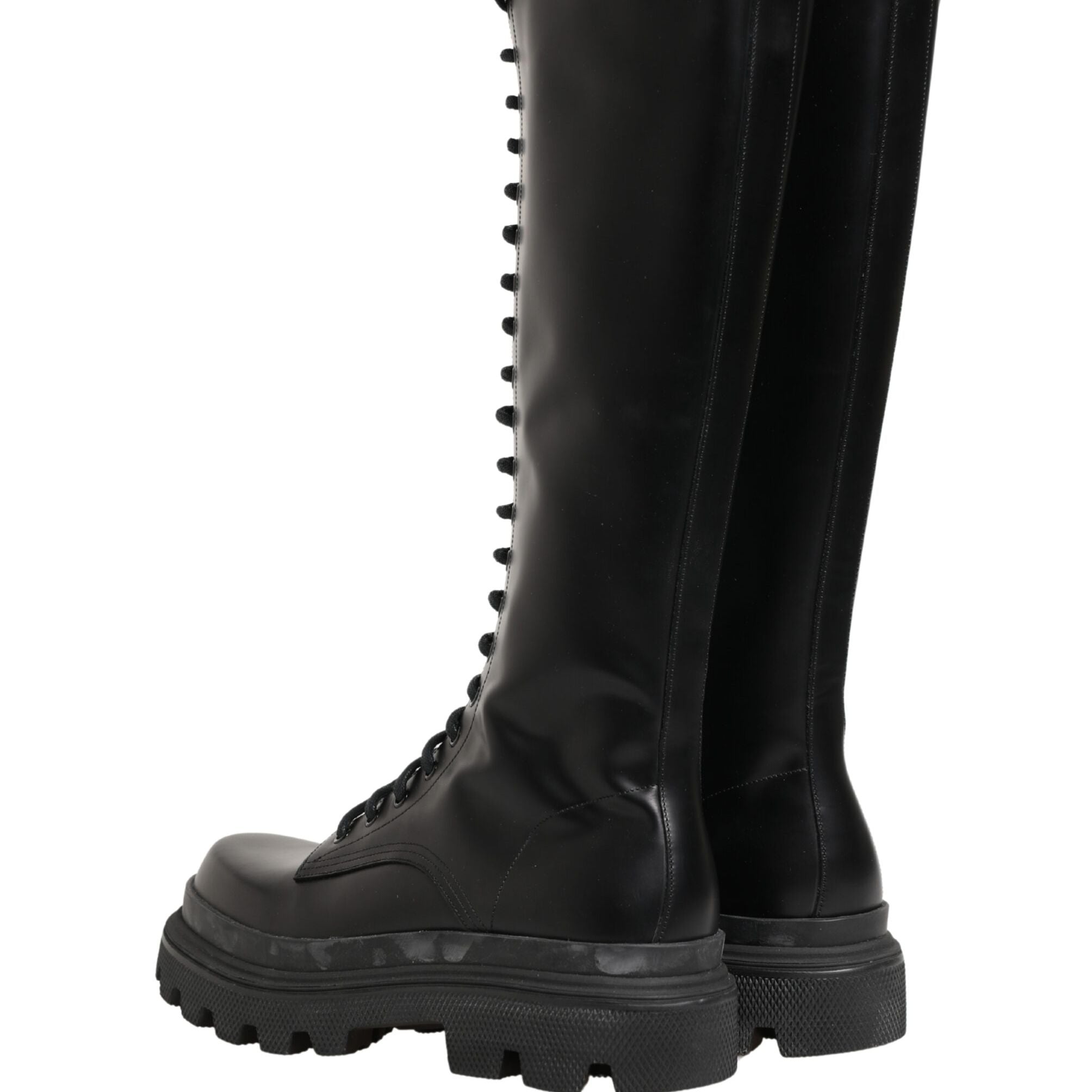 Dolce & Gabbana Black Leather Knee High Lace Up Boots Shoes
