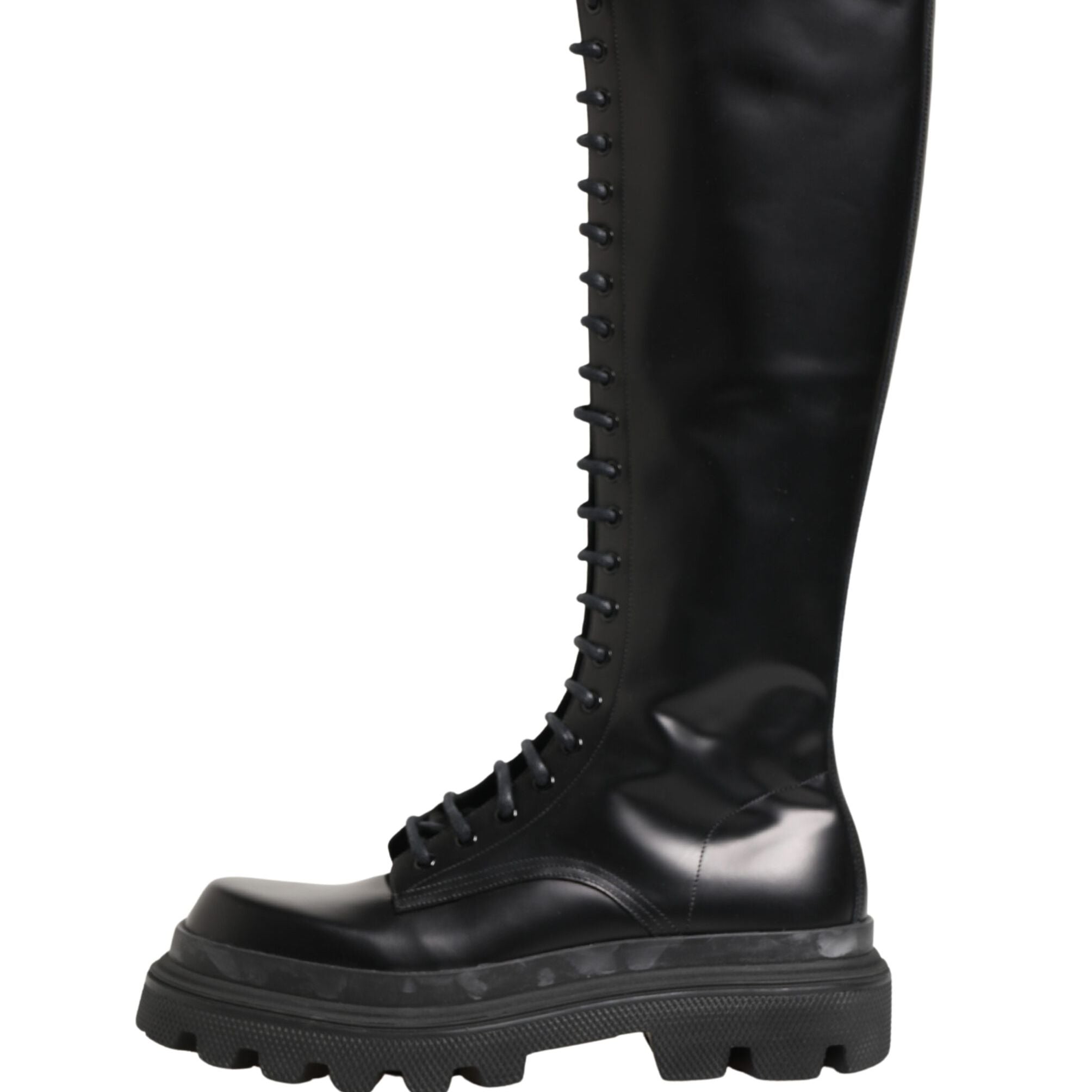 Dolce & Gabbana Black Leather Knee High Lace Up Boots Shoes