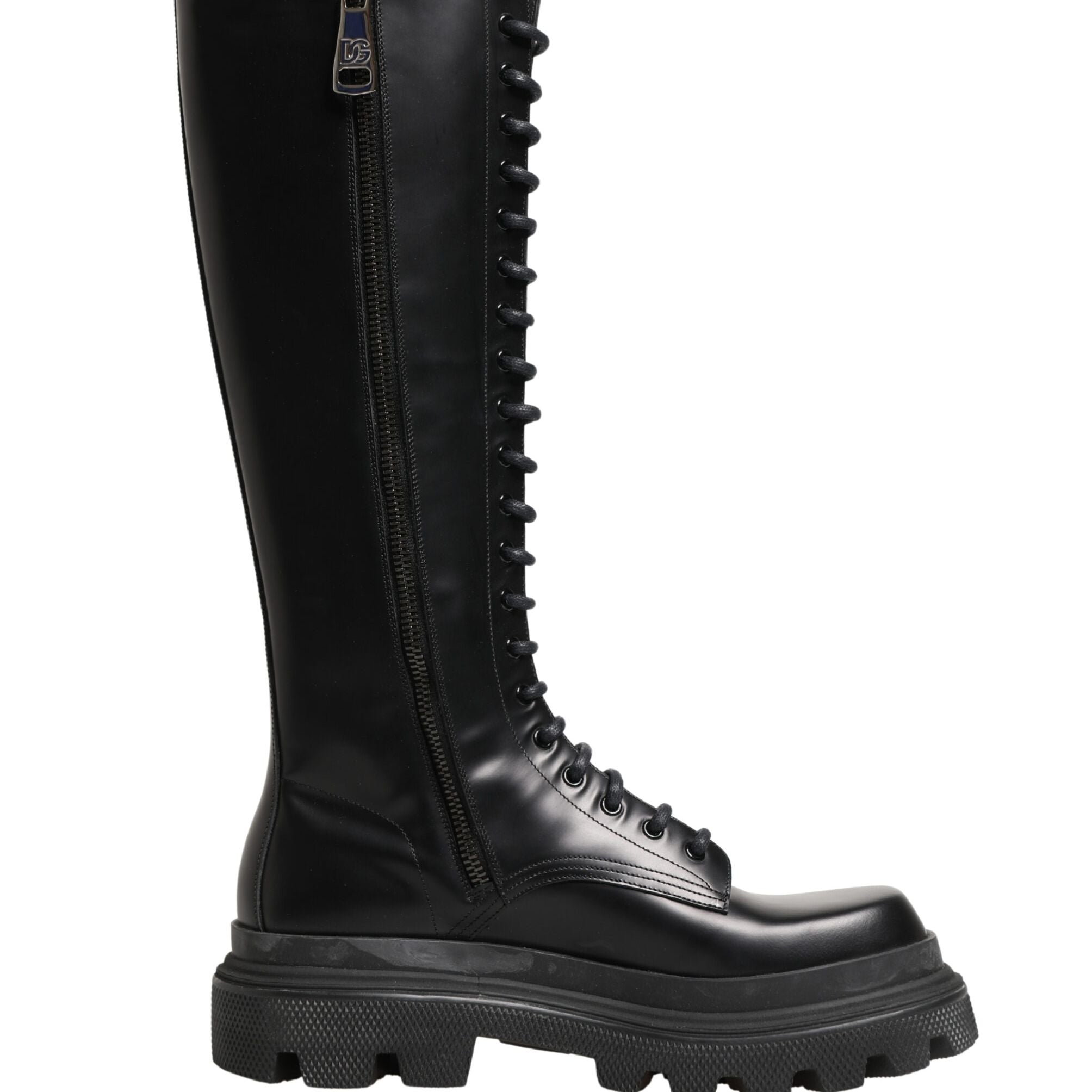Dolce & Gabbana Black Leather Knee High Lace Up Boots Shoes