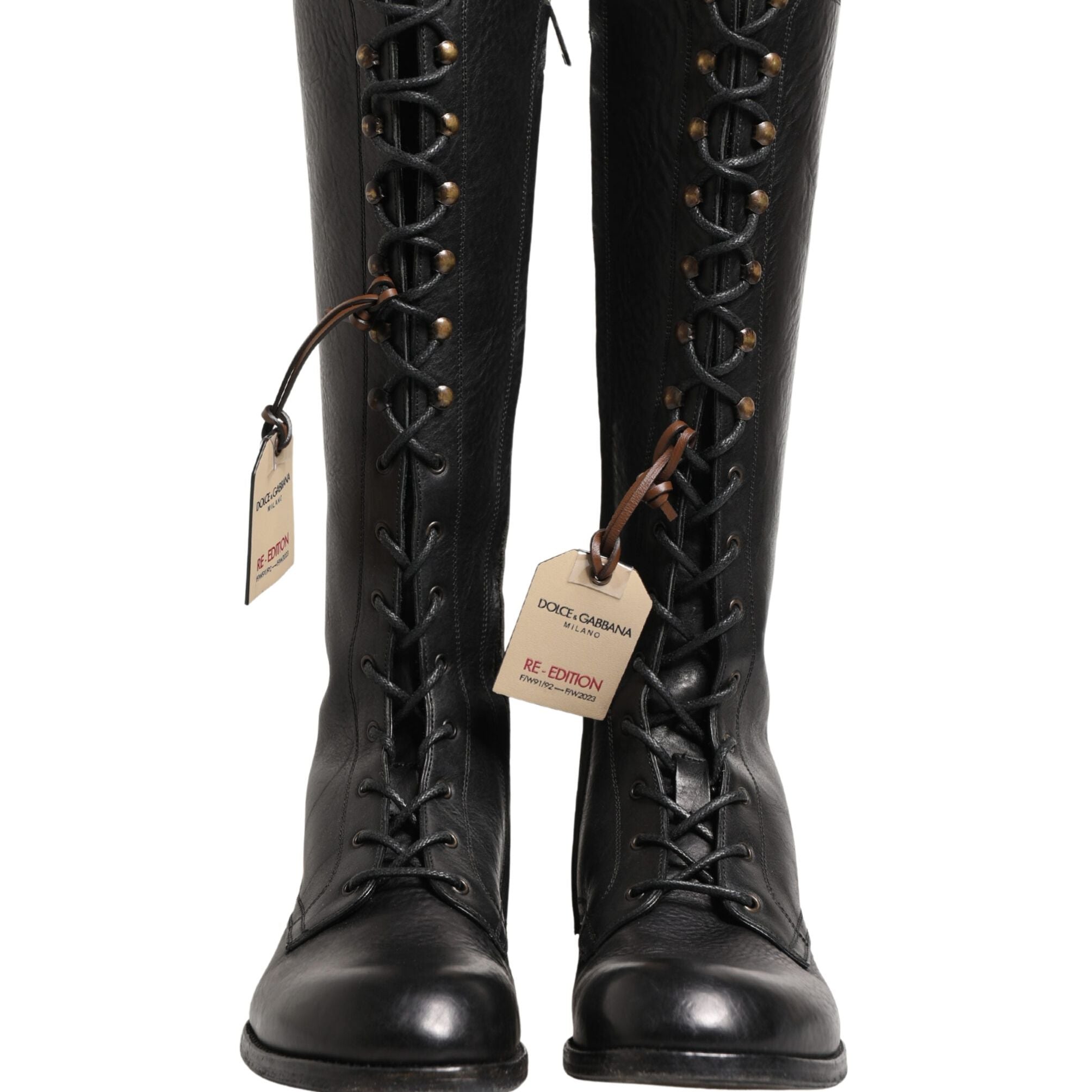 Dolce & Gabbana Re-Edition Black Leather Lace Up Boots Shoes