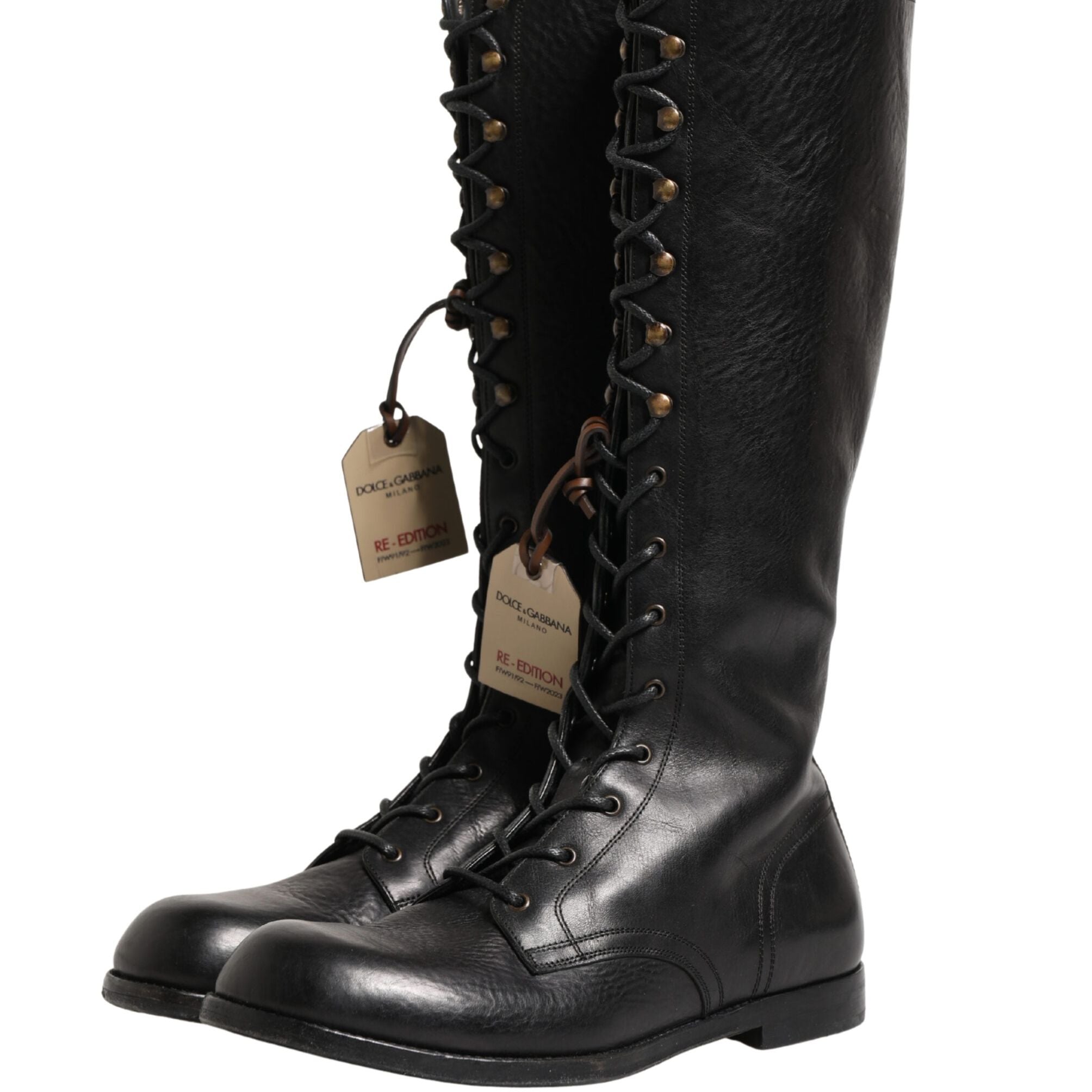 Dolce & Gabbana Re-Edition Black Leather Lace Up Boots Shoes
