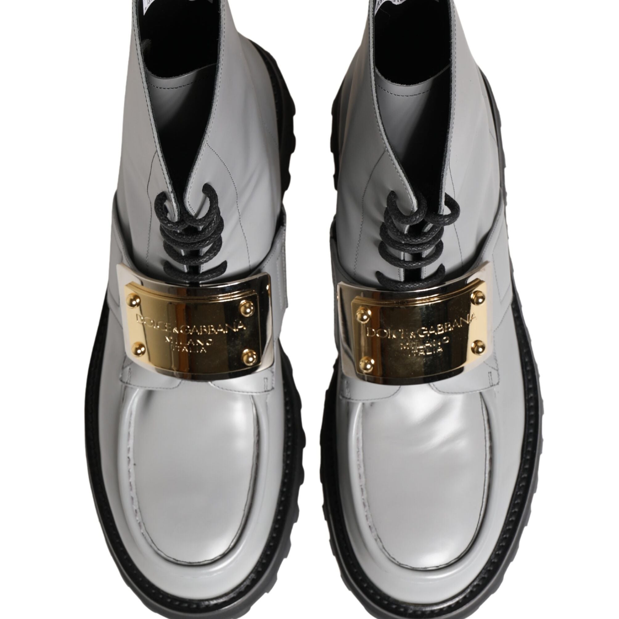 Dolce & Gabbana Gray Leather Logo Plaque Ankle Boots Shoes