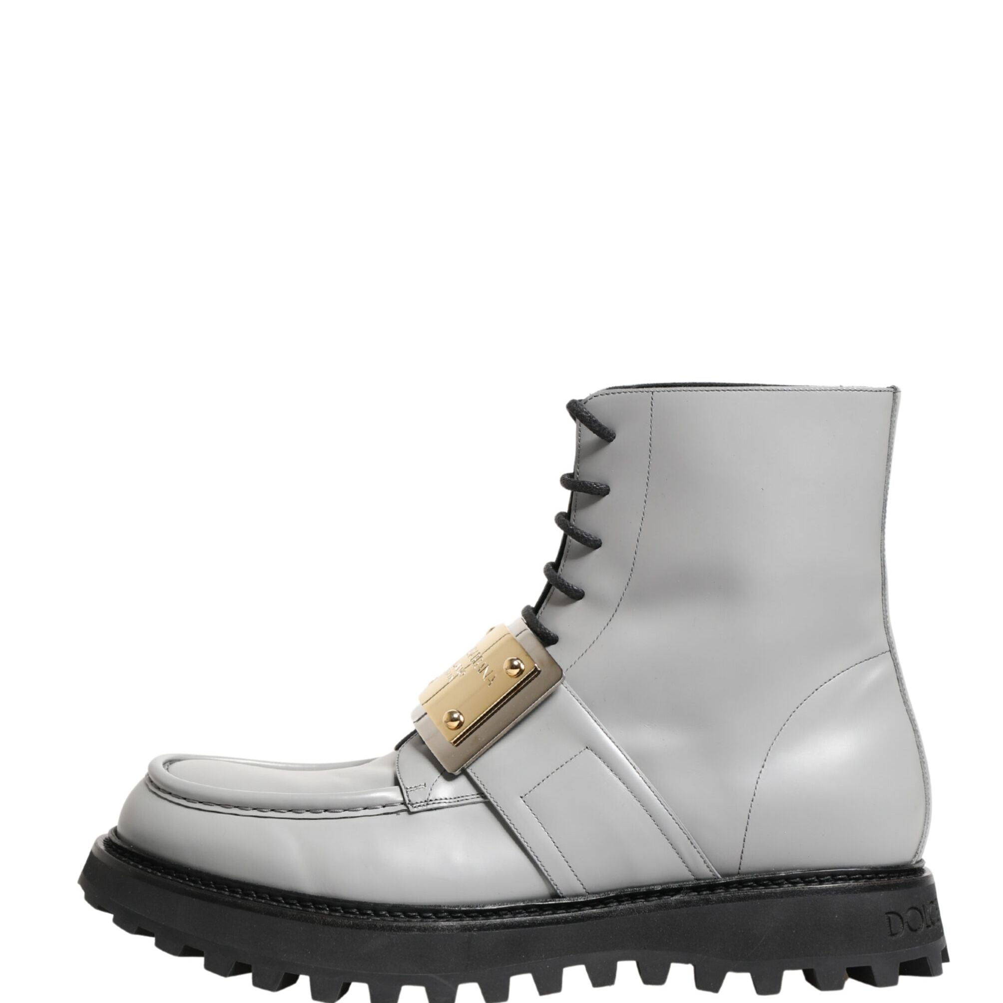 Dolce & Gabbana Gray Leather Logo Plaque Ankle Boots Shoes