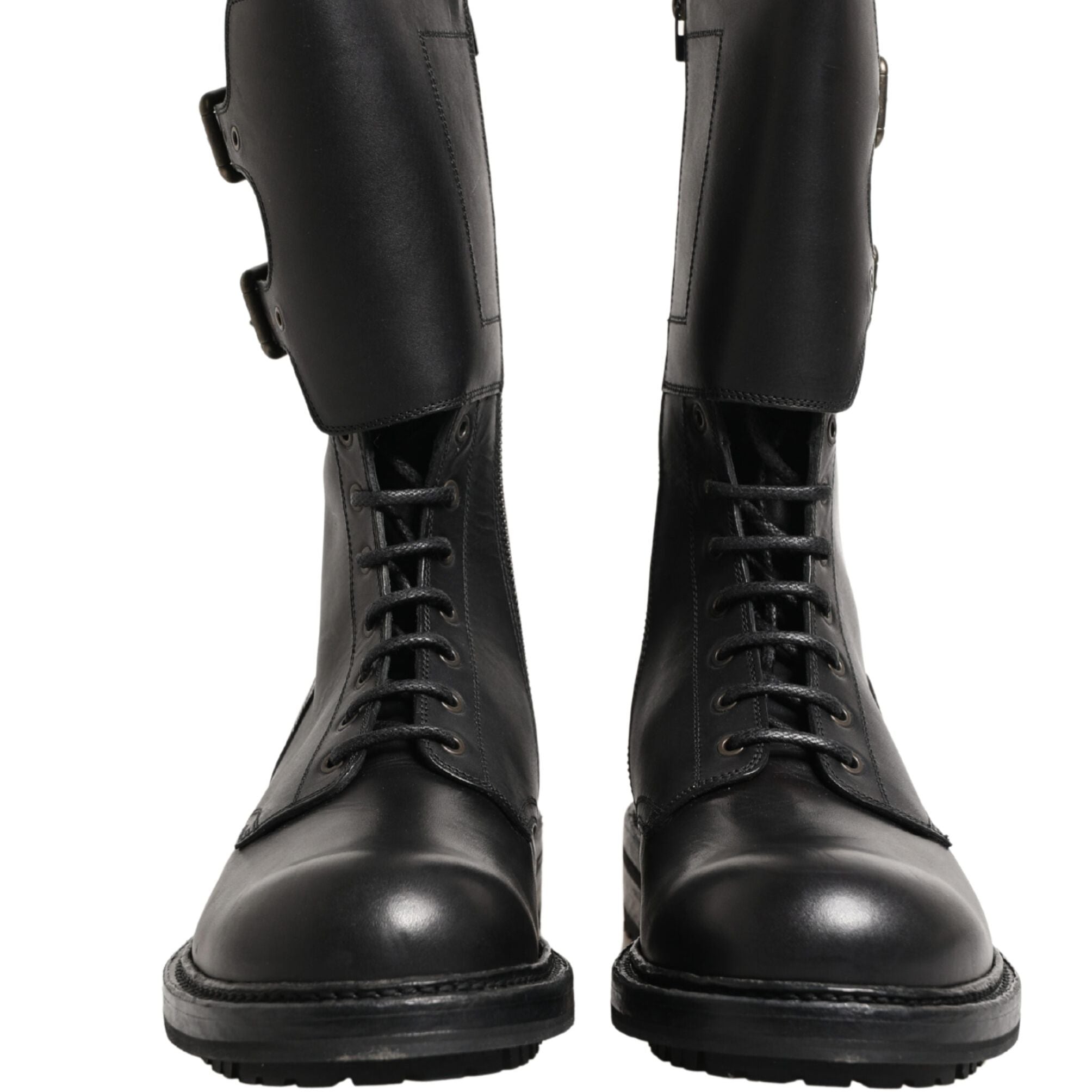 Dolce & Gabbana Black Leather Belted Buckle Combat Boots Shoes