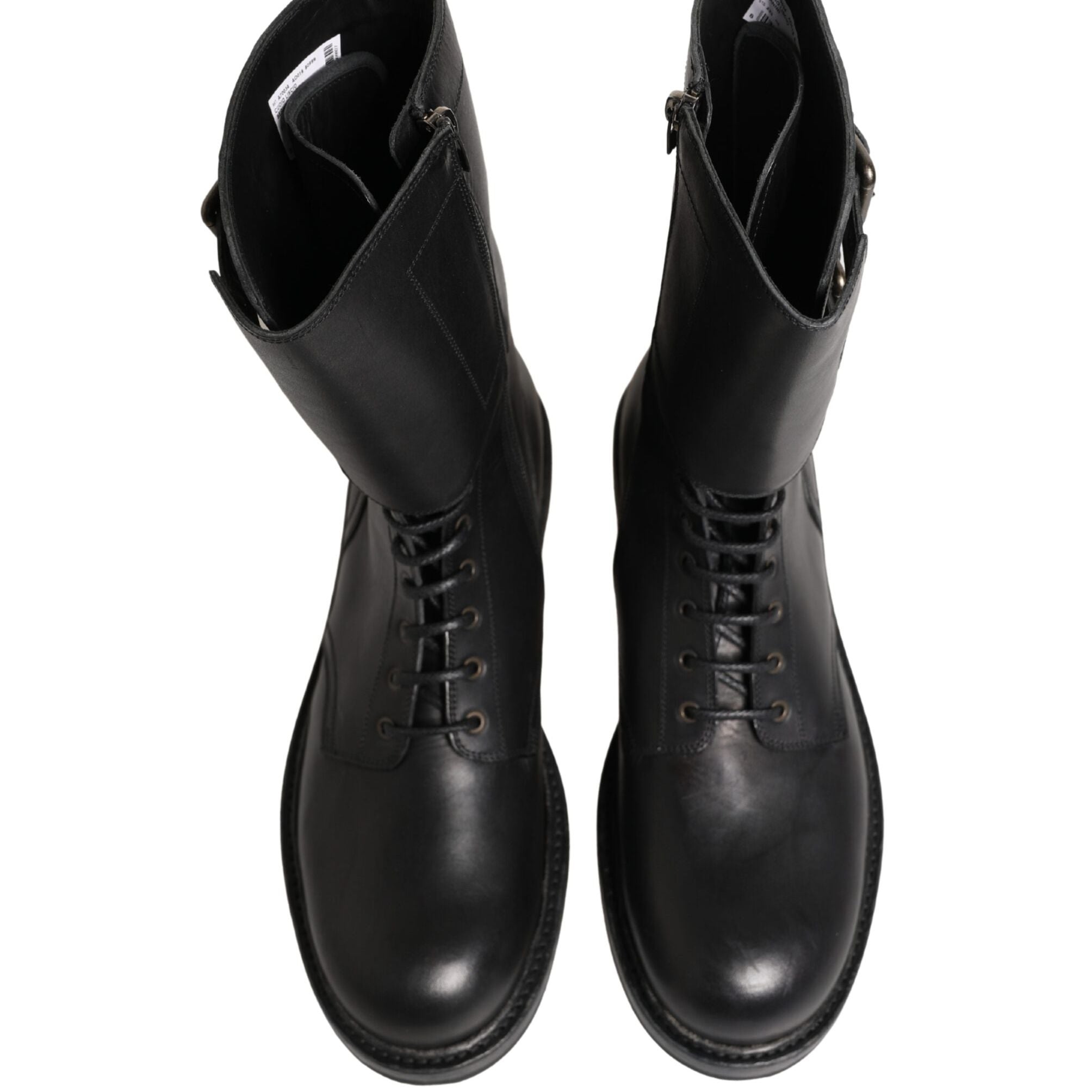 Dolce & Gabbana Black Leather Belted Buckle Combat Boots Shoes