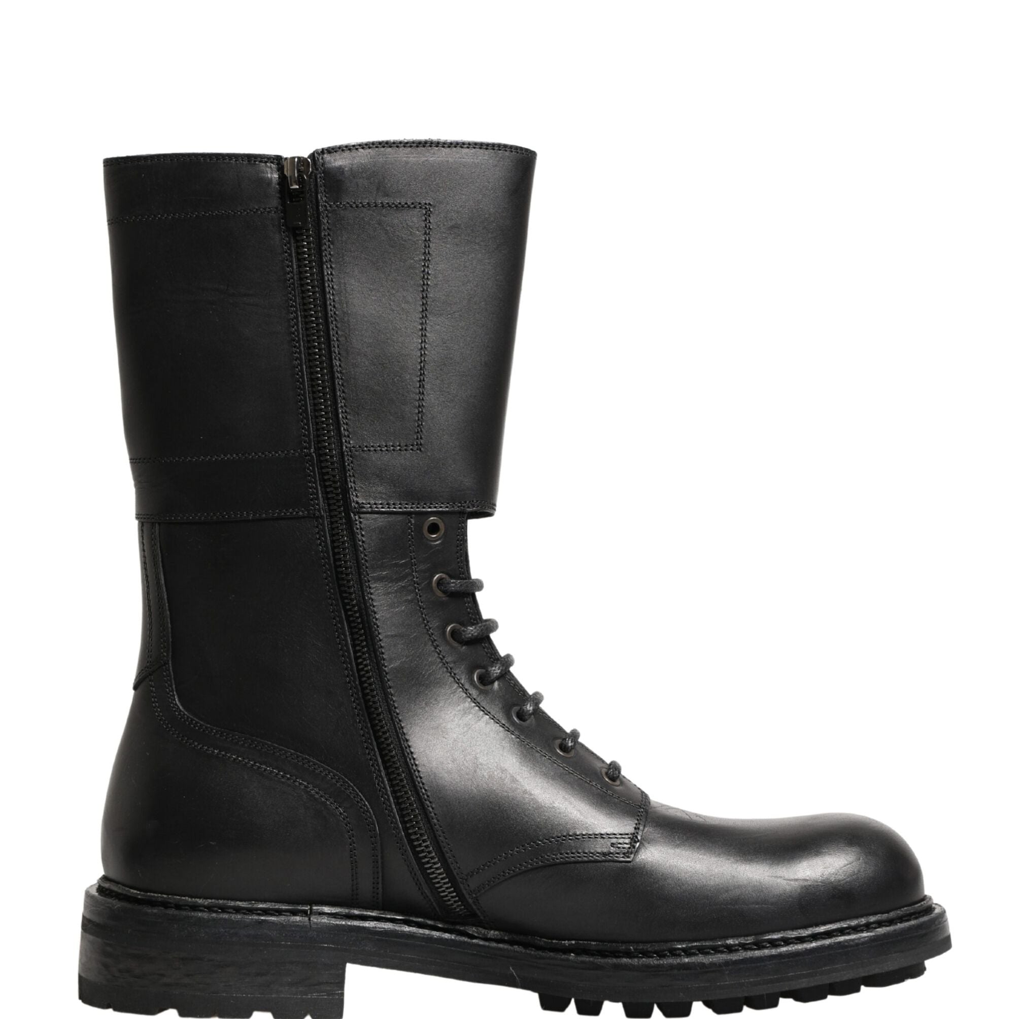 Dolce & Gabbana Black Leather Belted Buckle Combat Boots Shoes