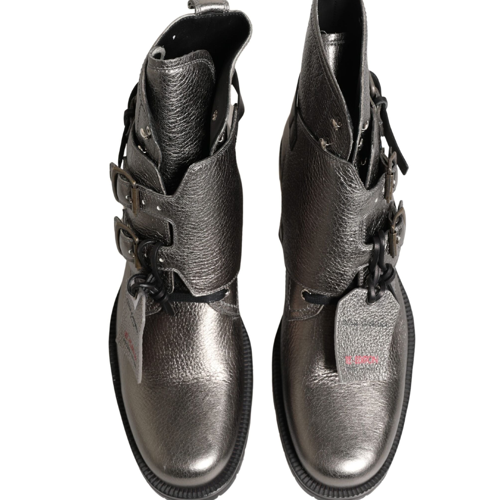 Dolce & Gabbana Metallic Silver Leather Buckle Ankle Boots Shoes