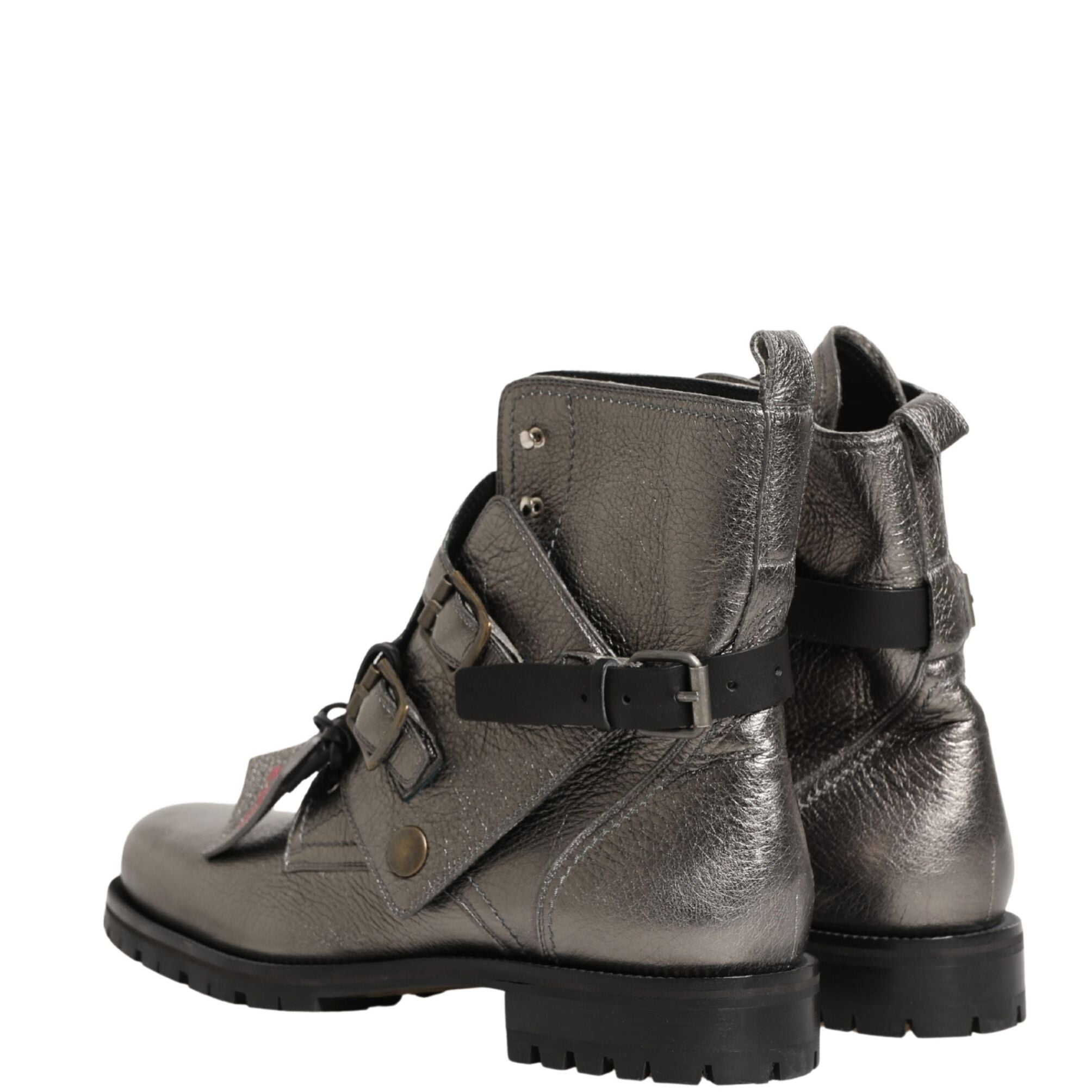 Dolce & Gabbana Metallic Silver Leather Buckle Ankle Boots Shoes