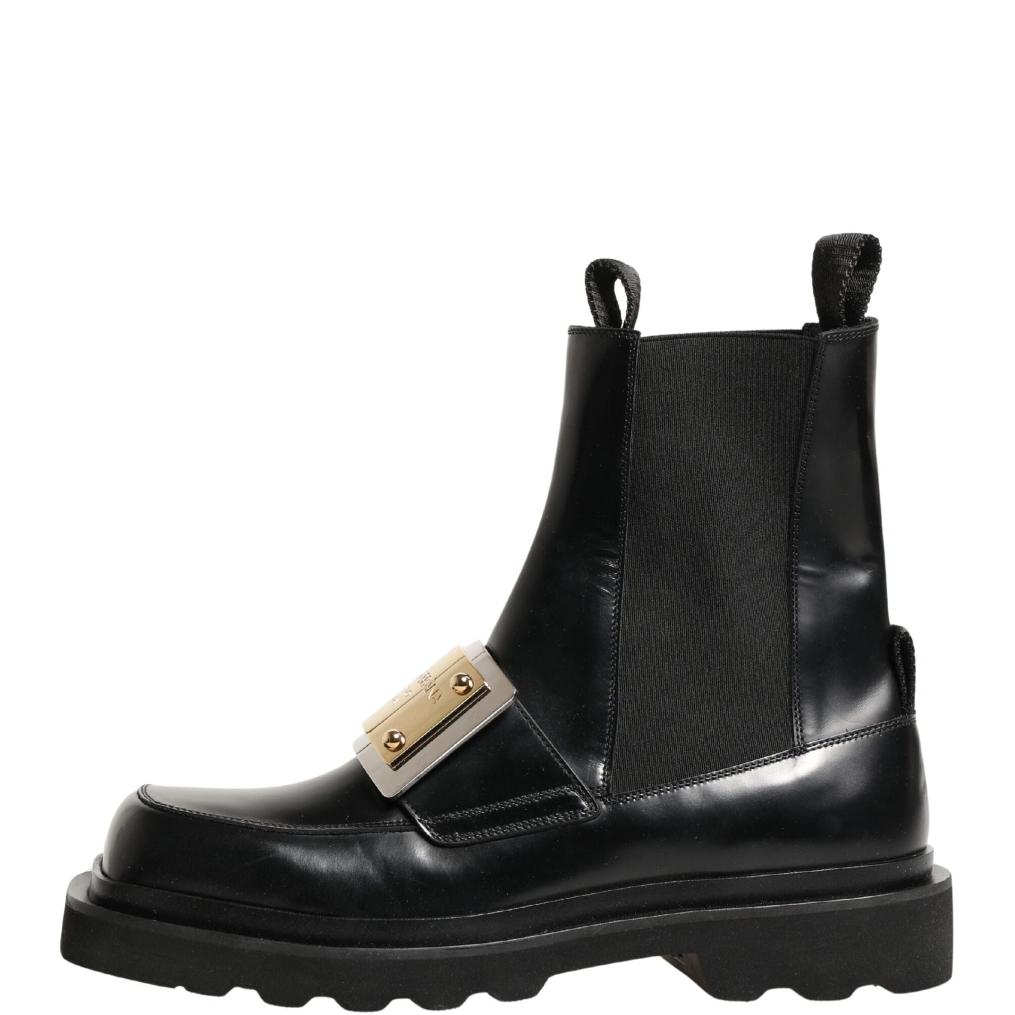 Dolce & Gabbana Black Leather Logo Plaque Ankle Boots Shoes