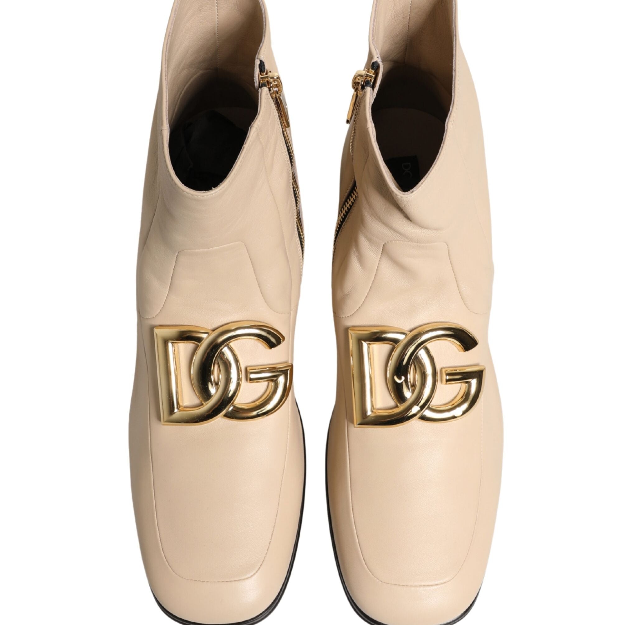 Dolce & Gabbana Beige Leather Logo Plaque Ankle Boots Shoes