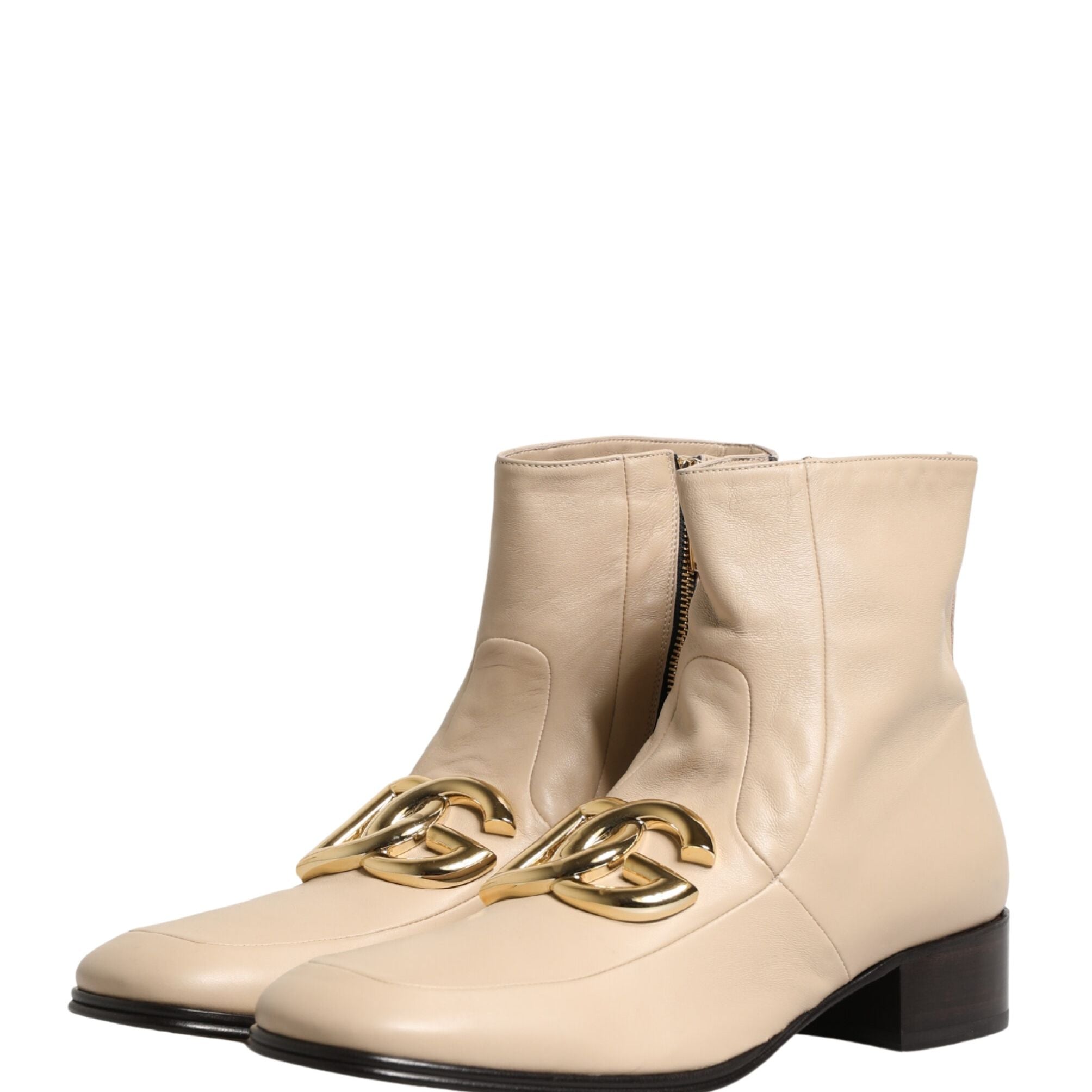 Dolce & Gabbana Beige Leather Logo Plaque Ankle Boots Shoes