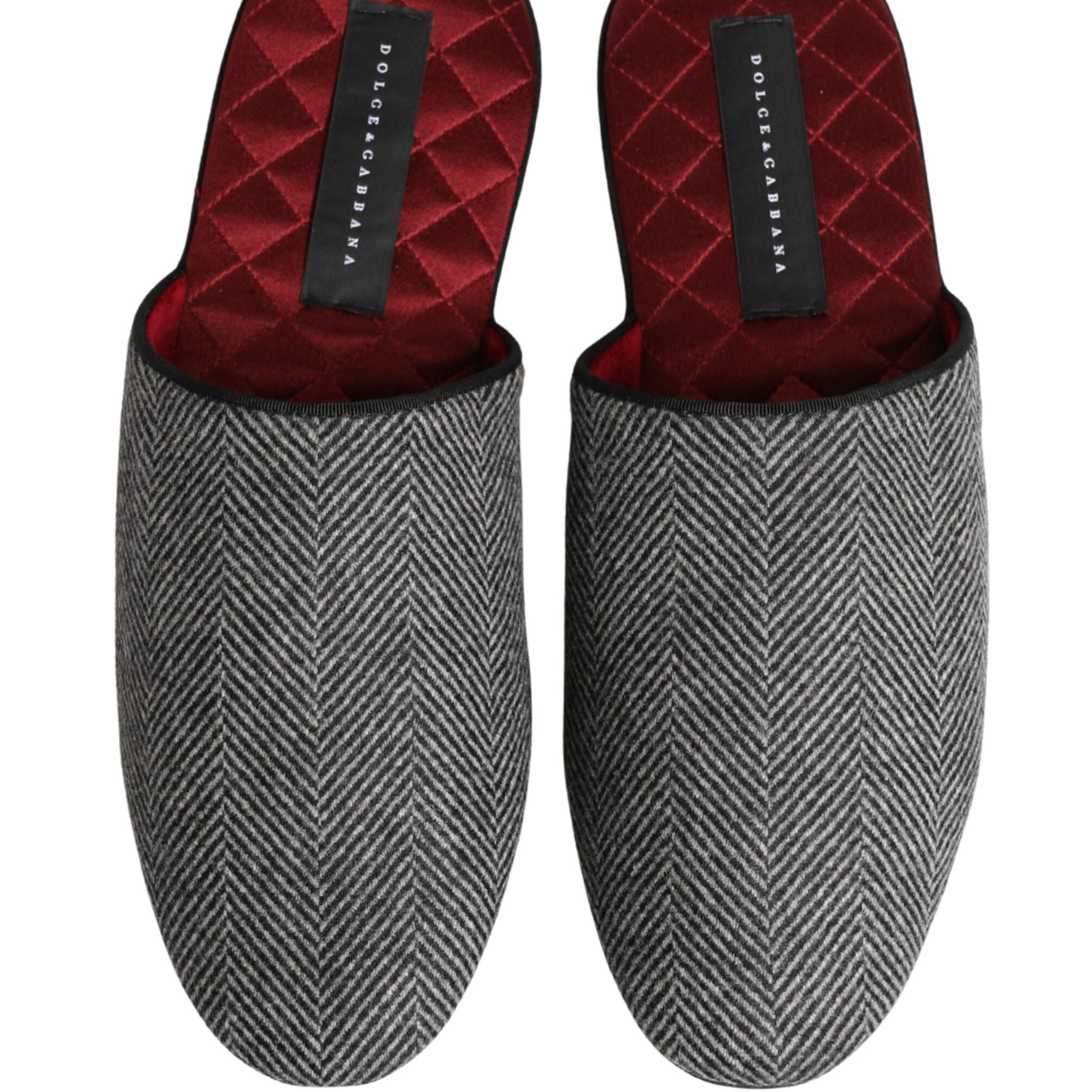 Dolce & Gabbana Grey Herringbone Cashmere Red Slippers Shoes