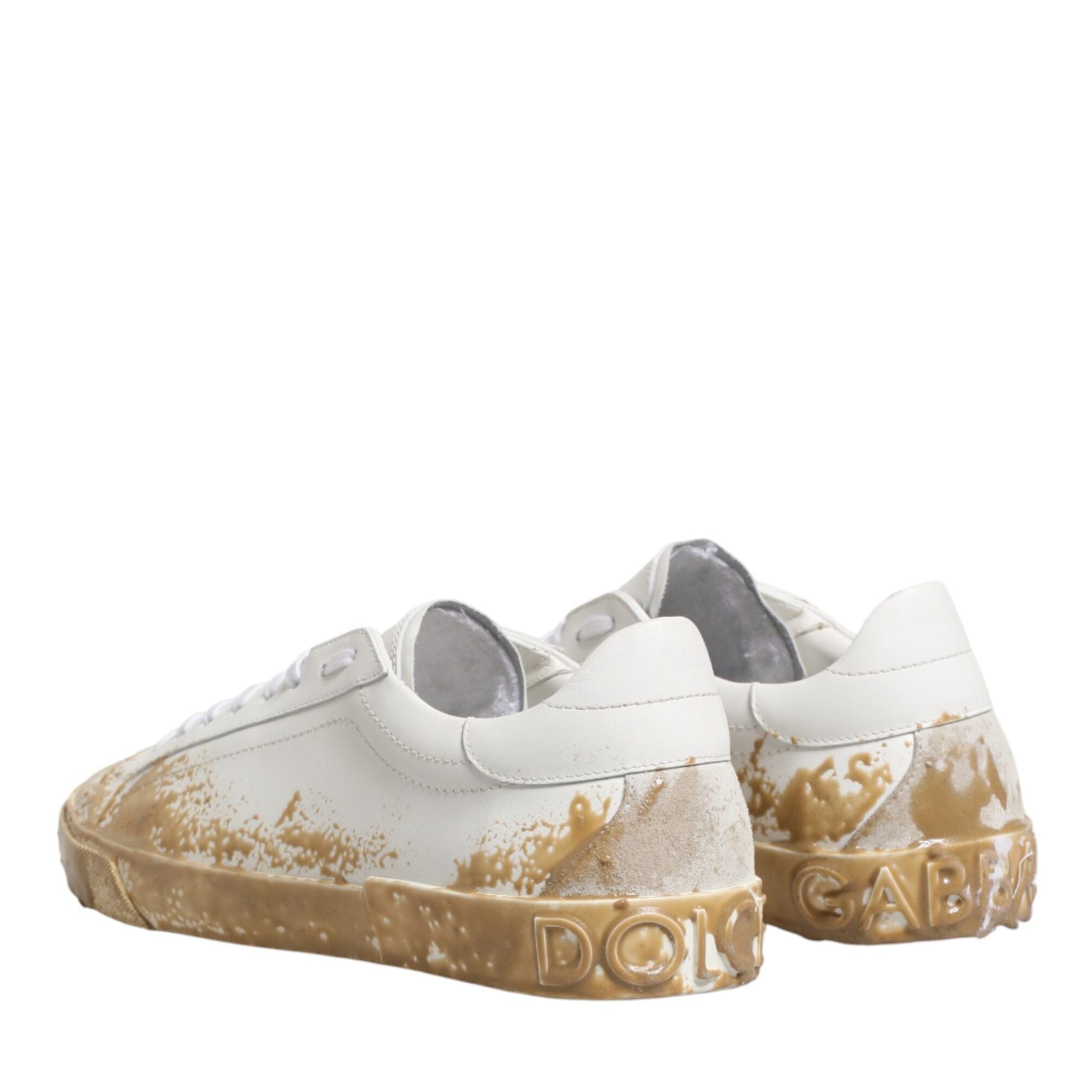 Dolce & Gabbana White Leather Paint Effect Low Top Sneakers Shoes