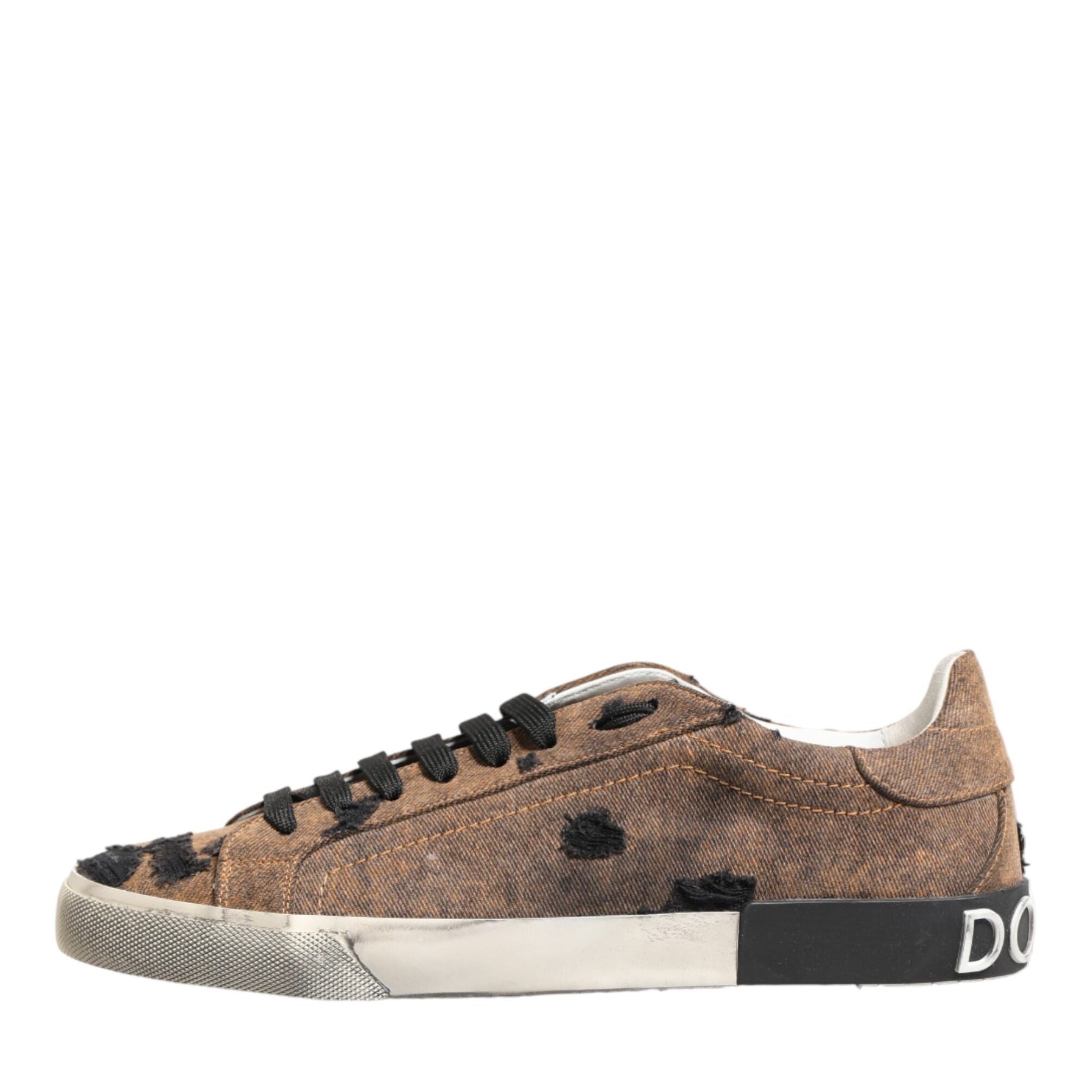 Dolce & Gabbana Brown Black Patch Denim Low Top Sneakers Shoes
