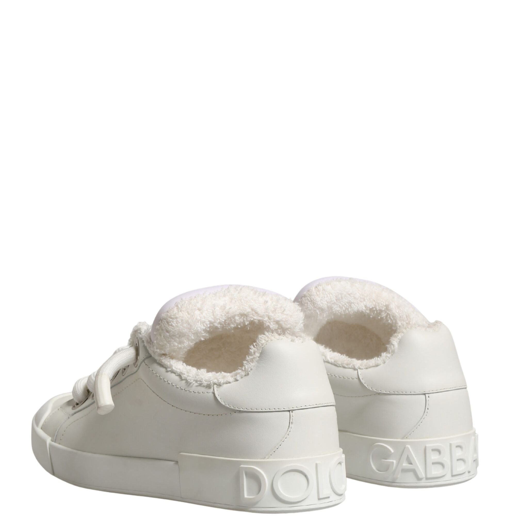 Dolce & Gabbana White Leather Shearling Fur Low Top Sneakers Shoes