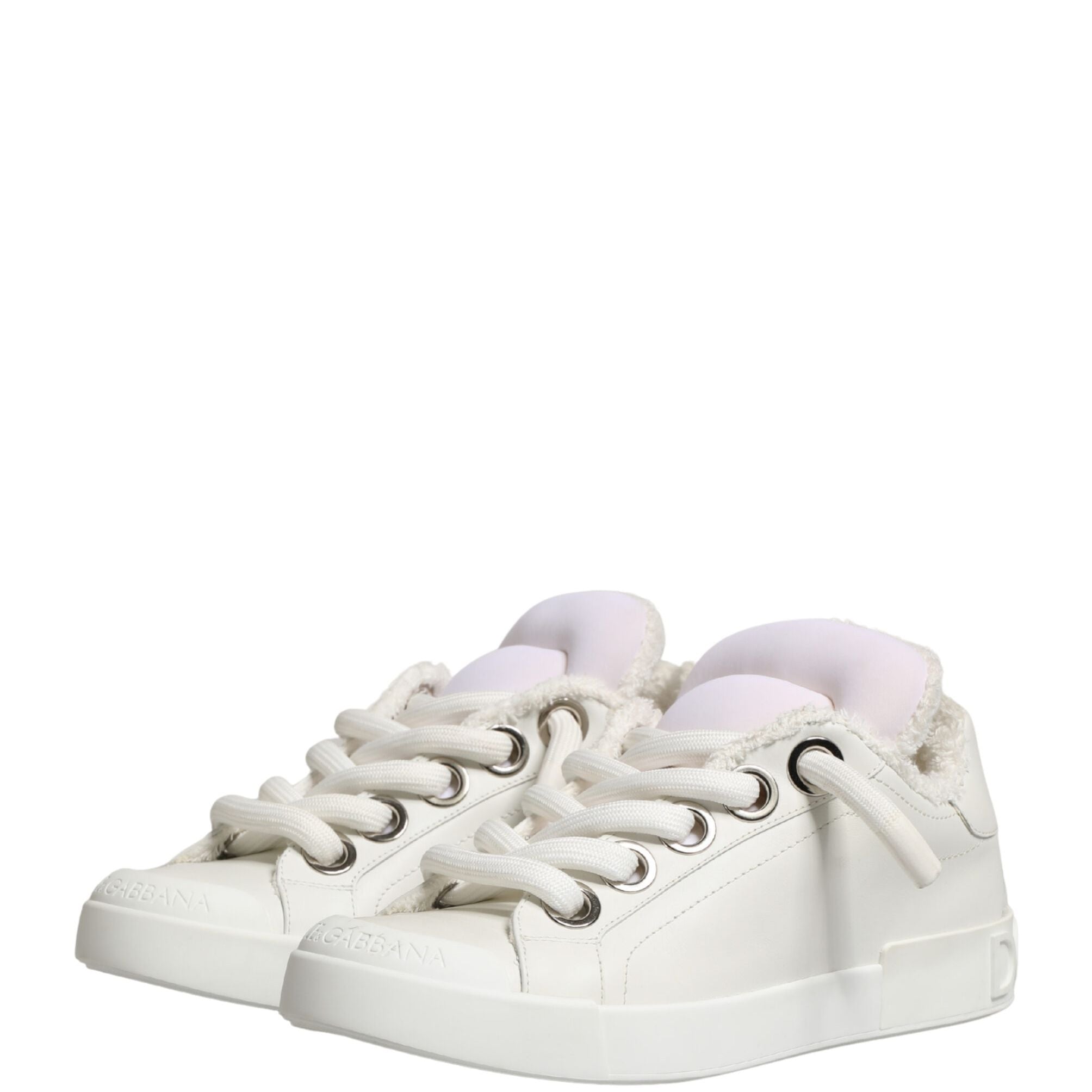Dolce & Gabbana White Leather Shearling Fur Low Top Sneakers Shoes