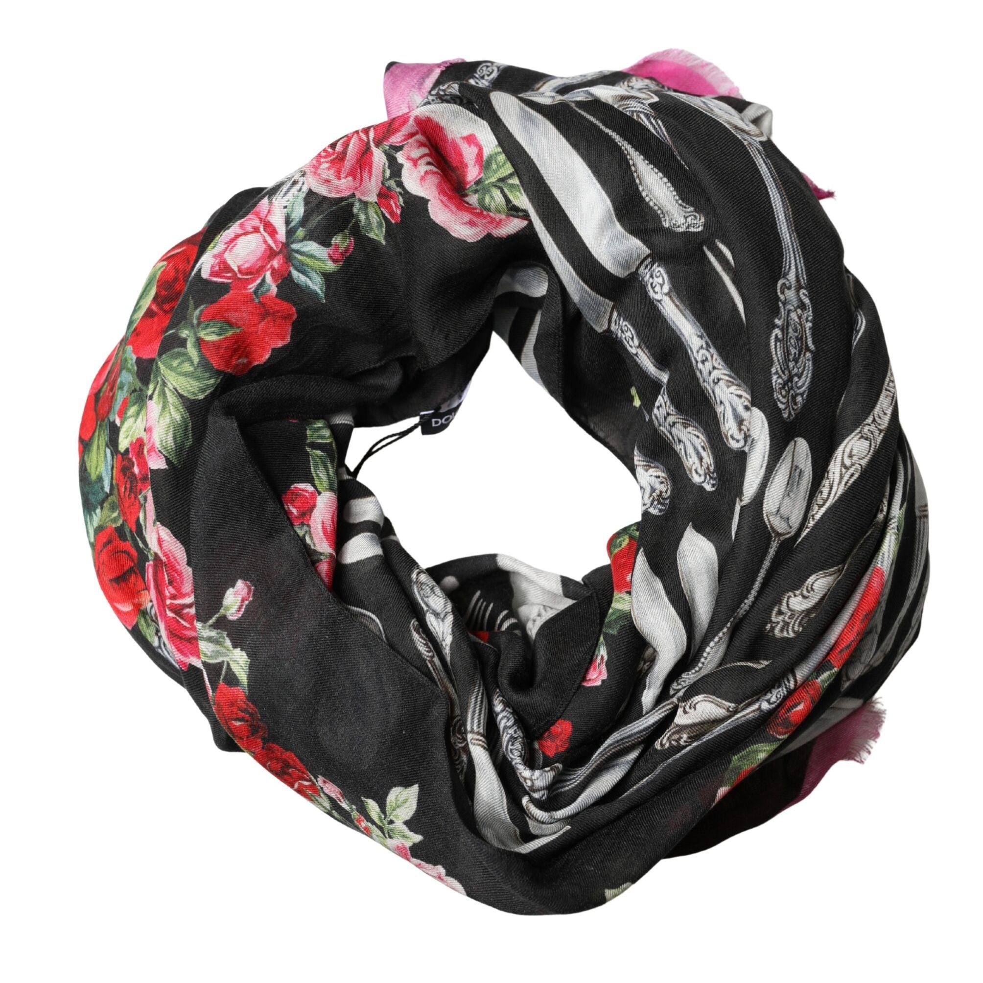 Dolce & Gabbana Multicolor Cutlery Floral Wrap Shawl 135cm x 132cm Scarf