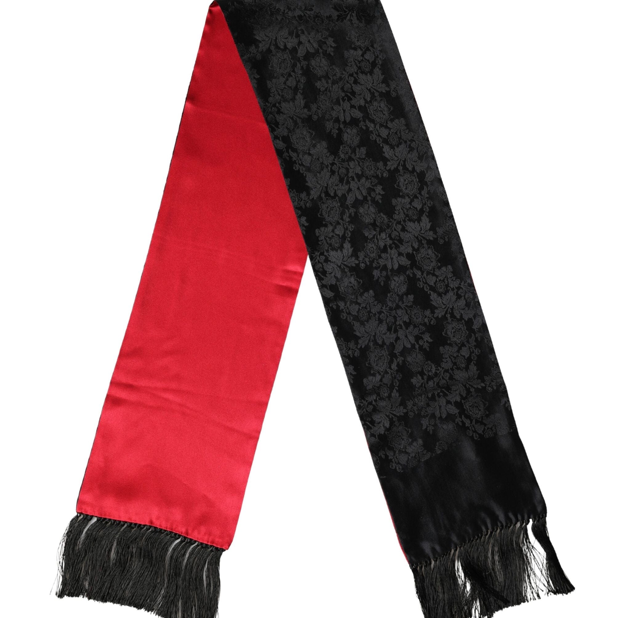 Dolce & Gabbana Red Black Silk Floral Fringe Neck Wrap Scarf