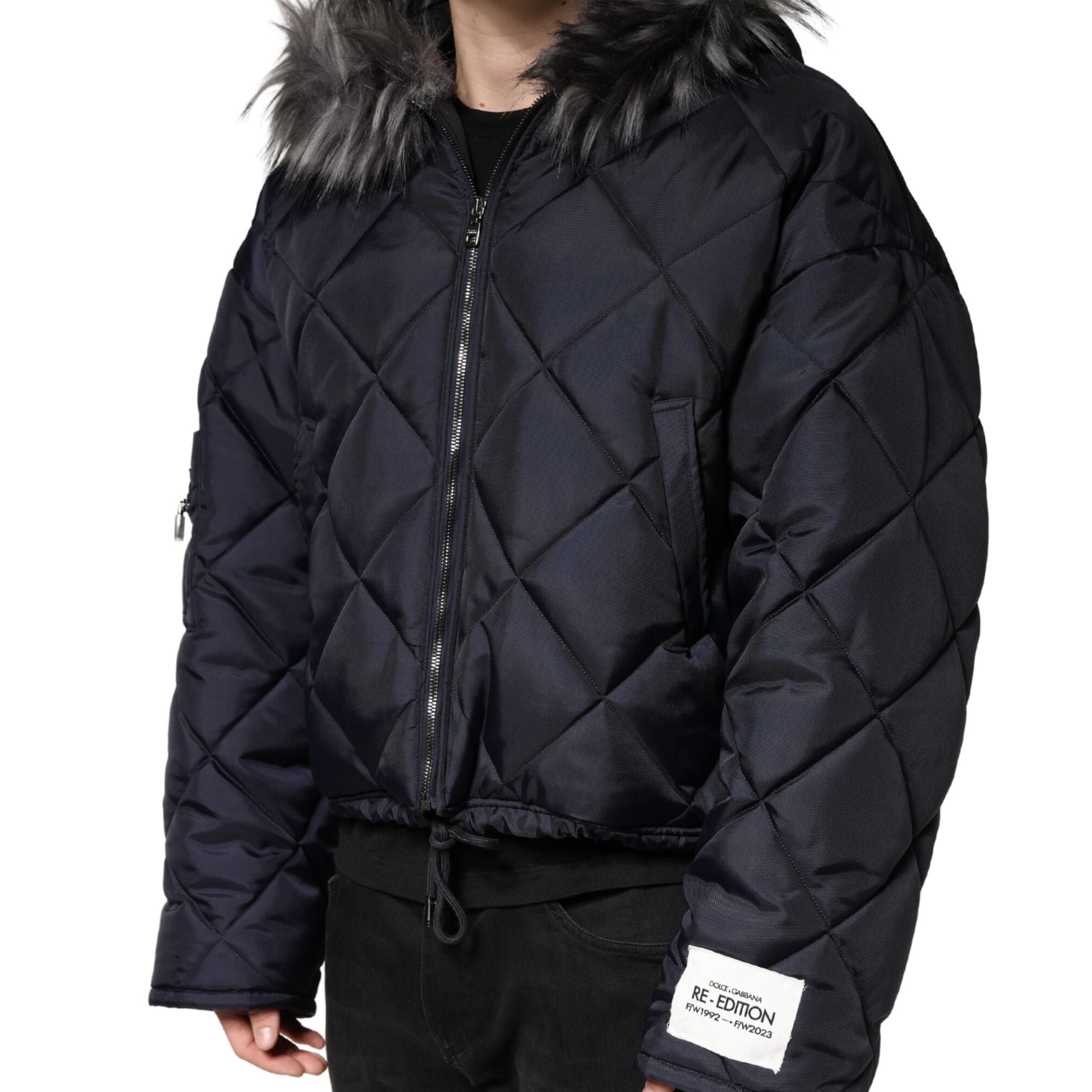 Dolce & Gabbana Black Quilted Fur Shearling Hooded Jacket