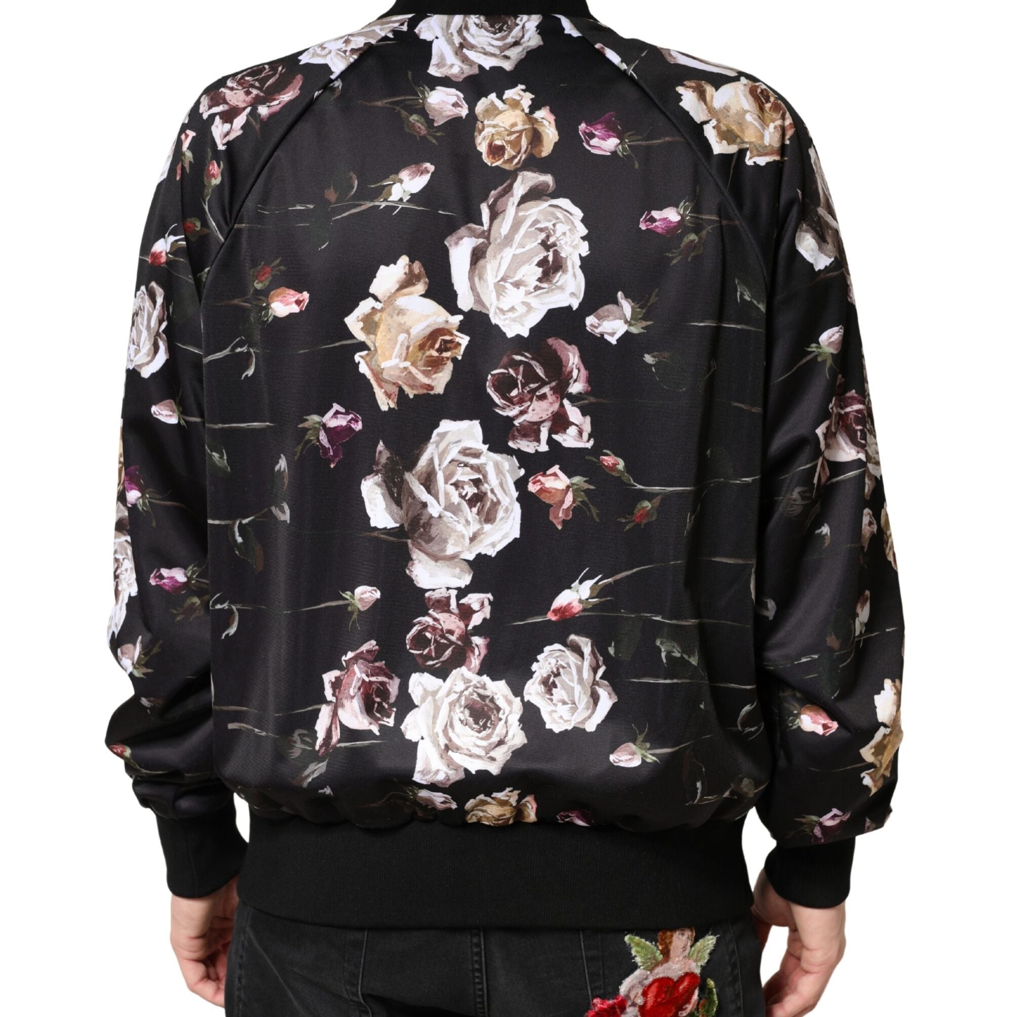 Dolce & Gabbana Black Floral Polyester Full Zip Bomber Jacket