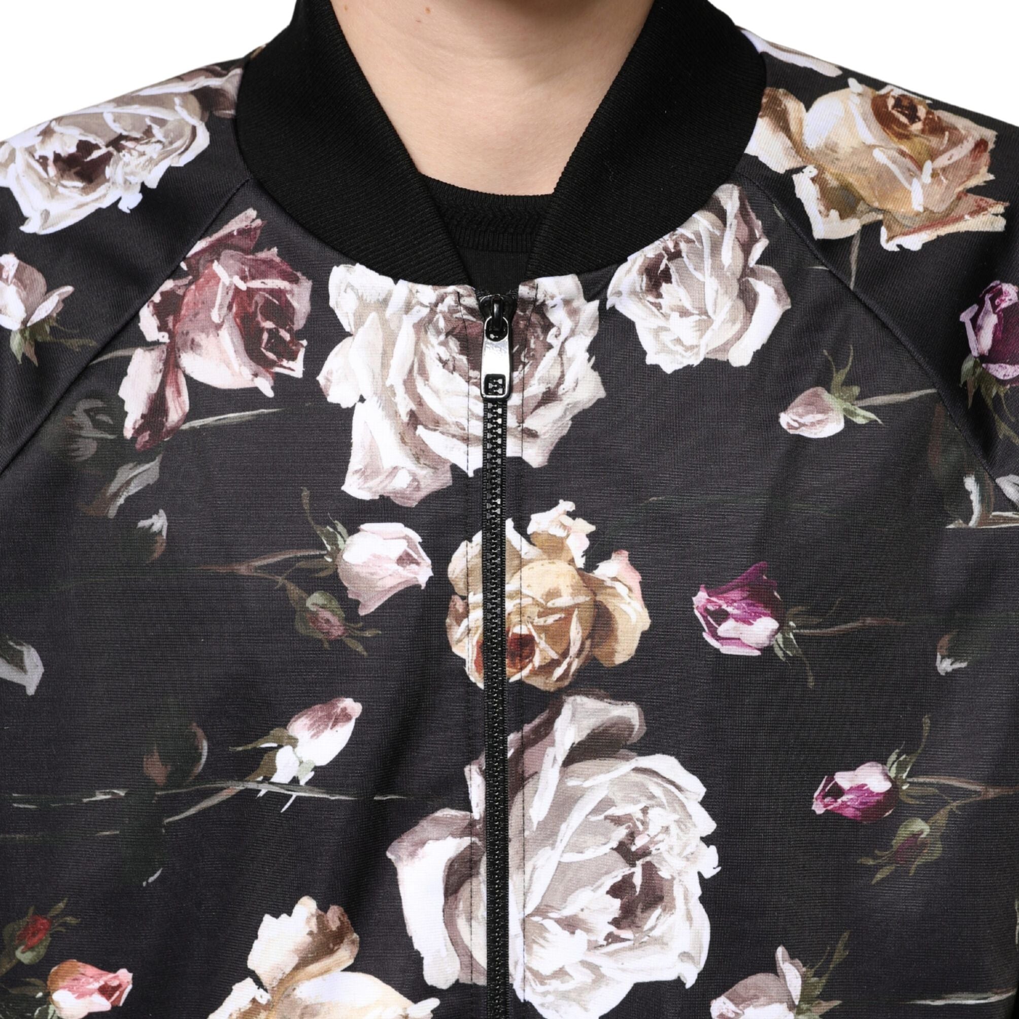 Dolce & Gabbana Black Floral Polyester Full Zip Bomber Jacket