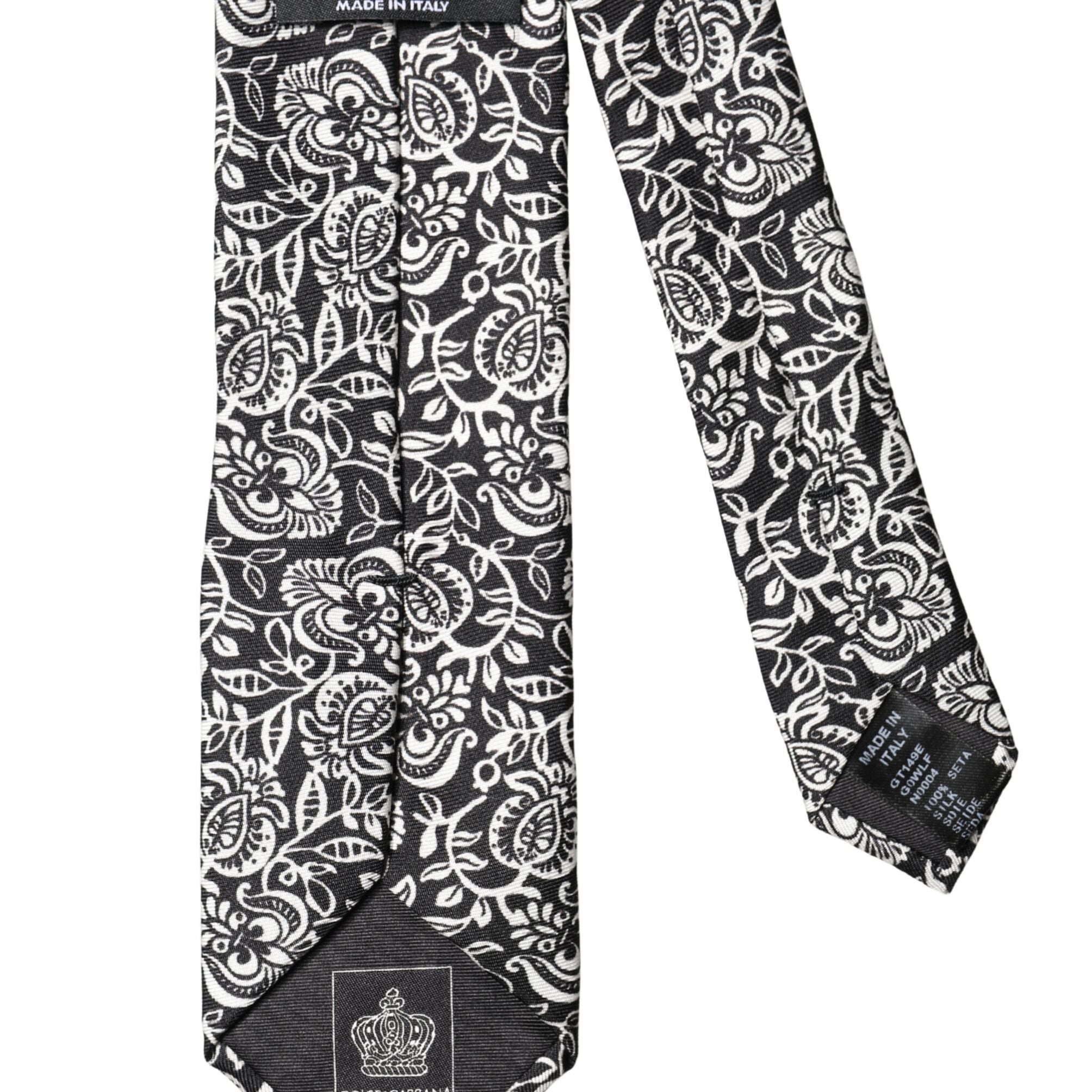 Dolce & Gabbana Black White Floral Fantasy Silk Adjustable Necktie Tie
