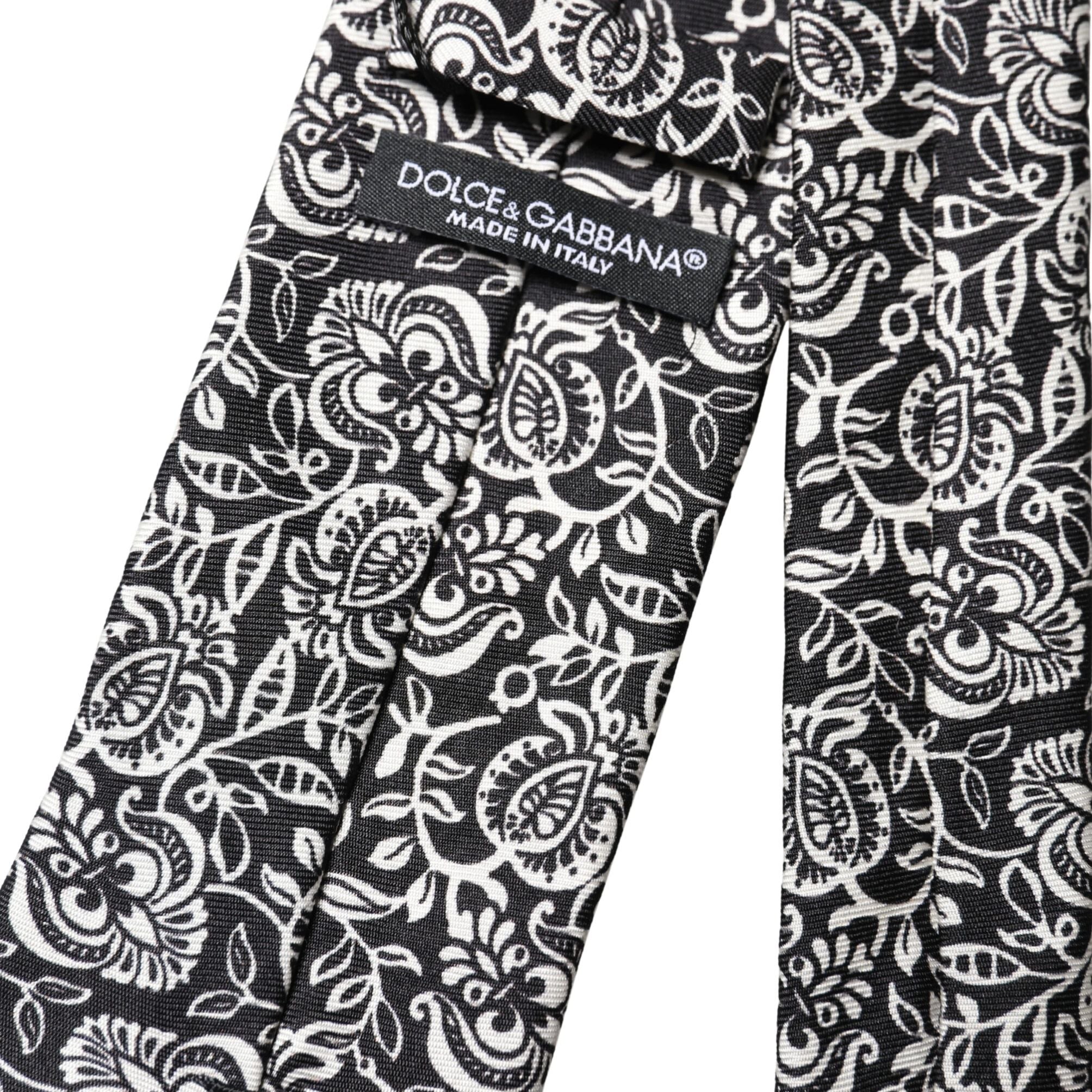 Dolce & Gabbana Black White Floral Fantasy Silk Adjustable Necktie Tie