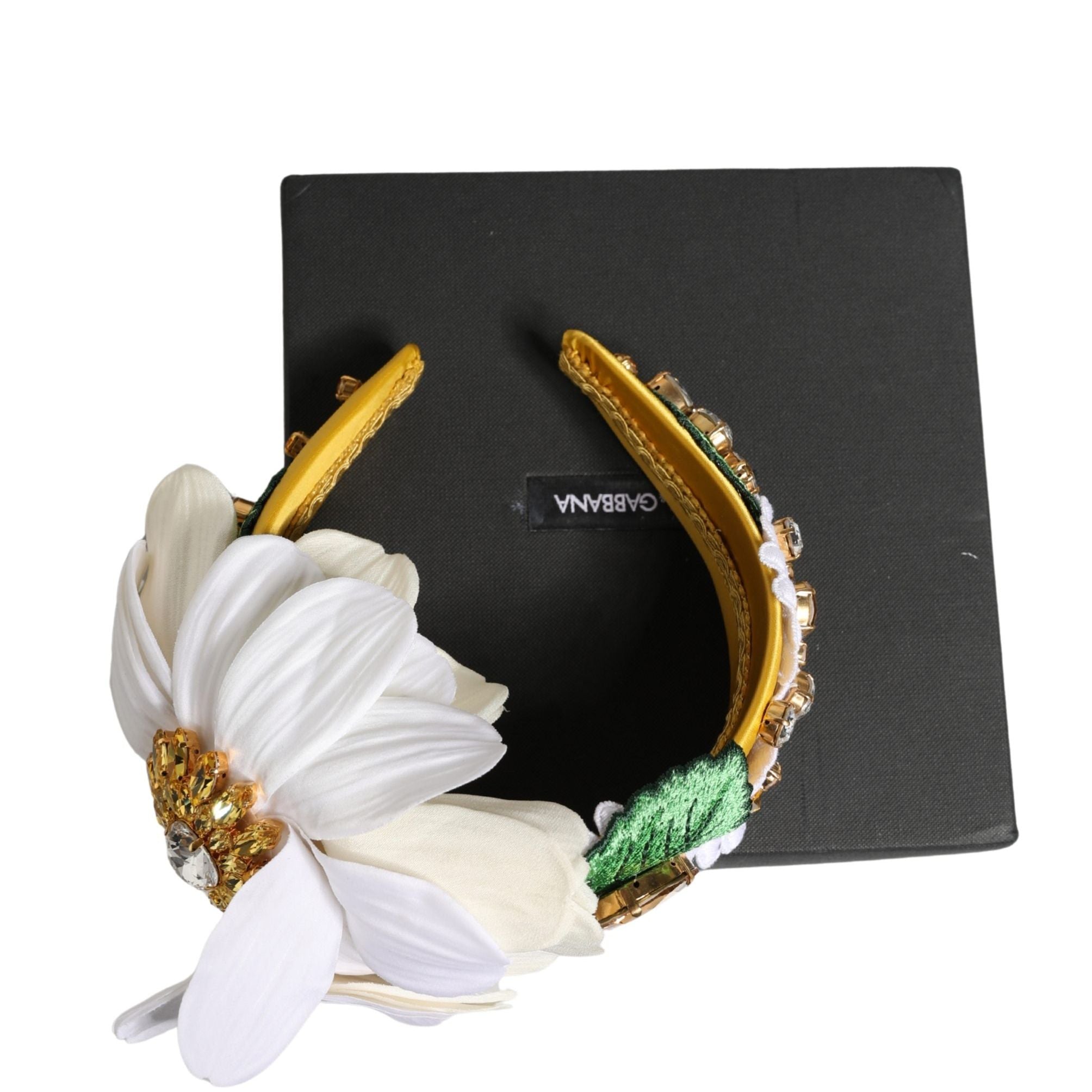 Dolce & Gabbana White Yellow Silk Blend Floral Crystals Diadem Headband