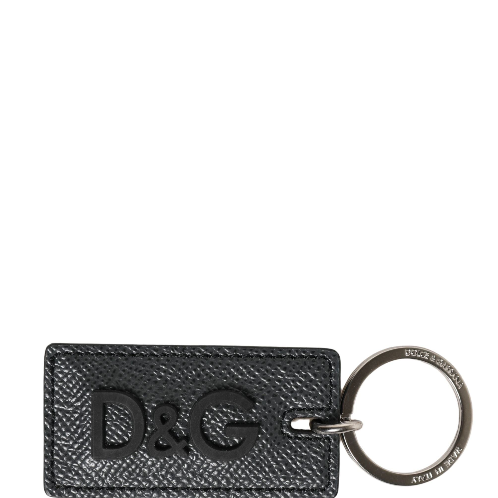 Dolce & Gabbana Black Calf Leather D&G Logo Metal Ring Keyring Keychain