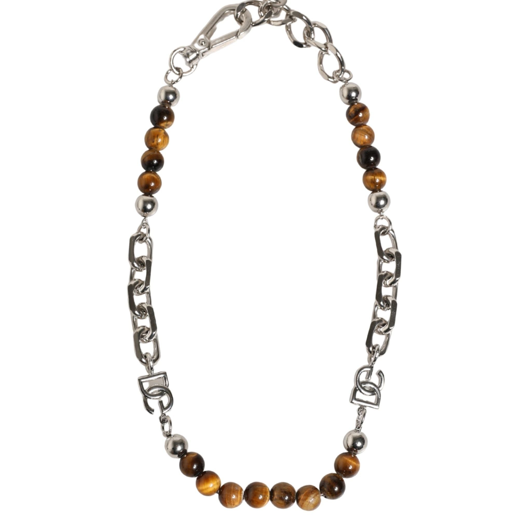Dolce & Gabbana Silver Tone Brass Chain Beaded Gem DG Logo Bracelet