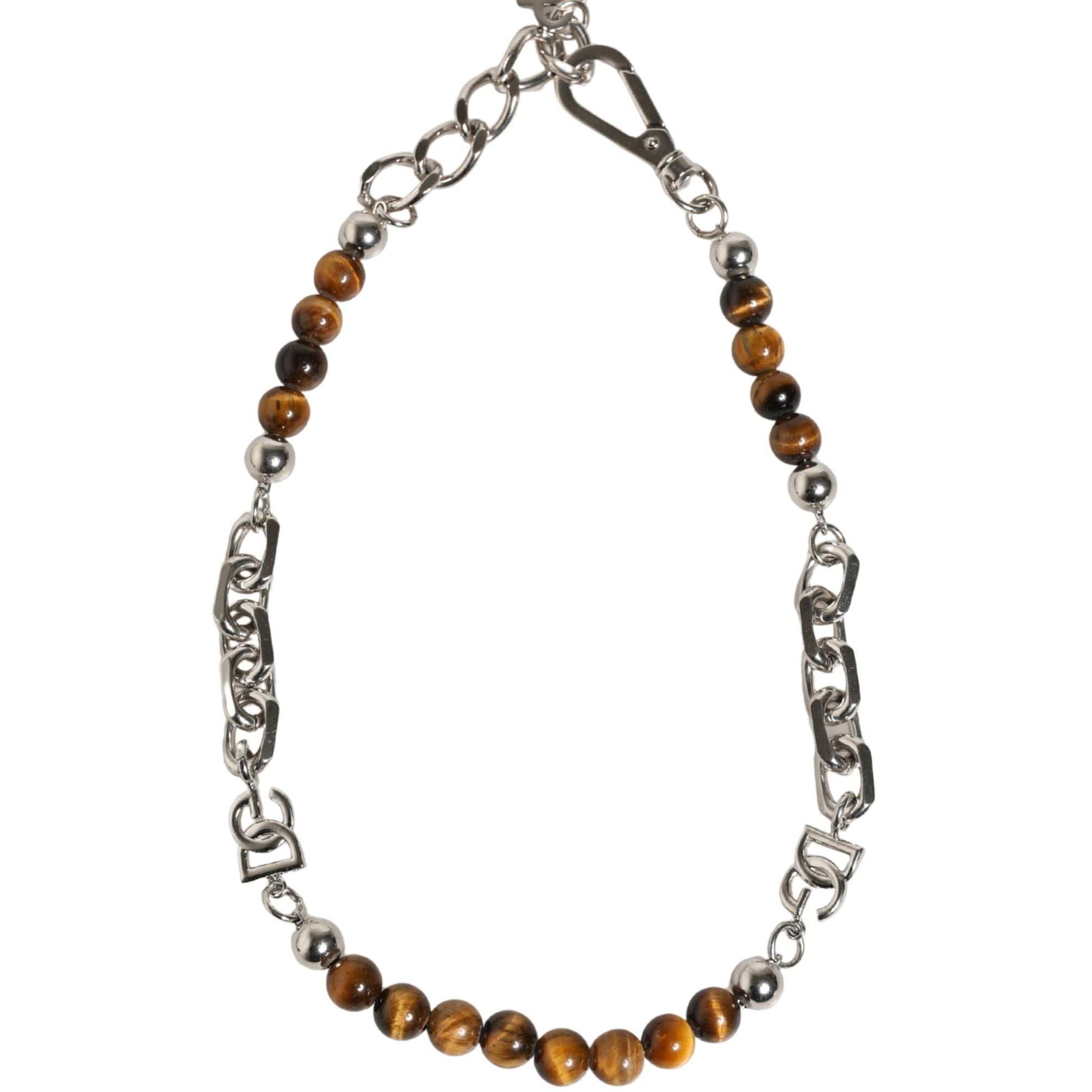 Dolce & Gabbana Silver Tone Brass Chain Beaded Gem DG Logo Bracelet