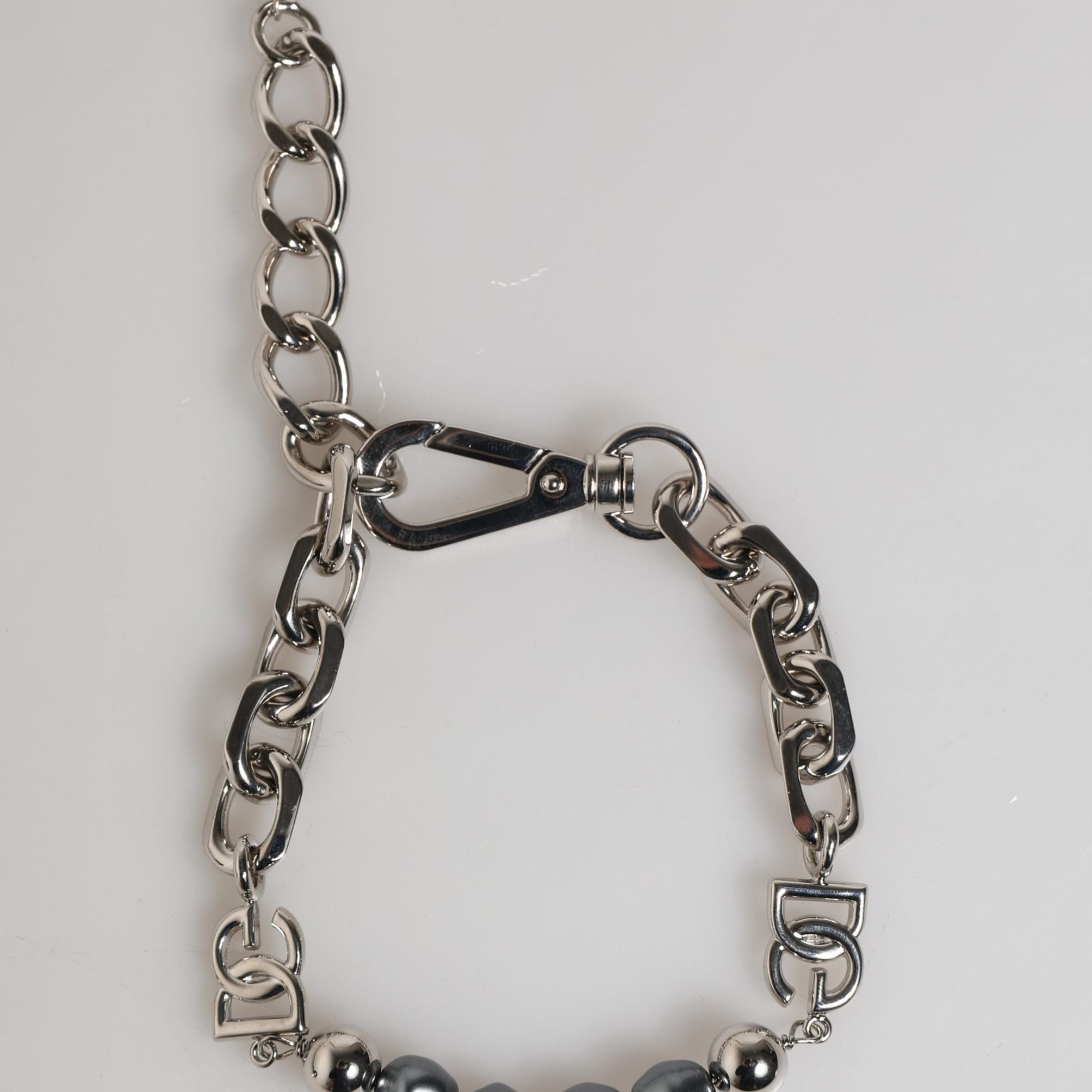 Dolce & Gabbana Silver Tone Chain Lobster Clasp Logo Gray Pearls Bracelet