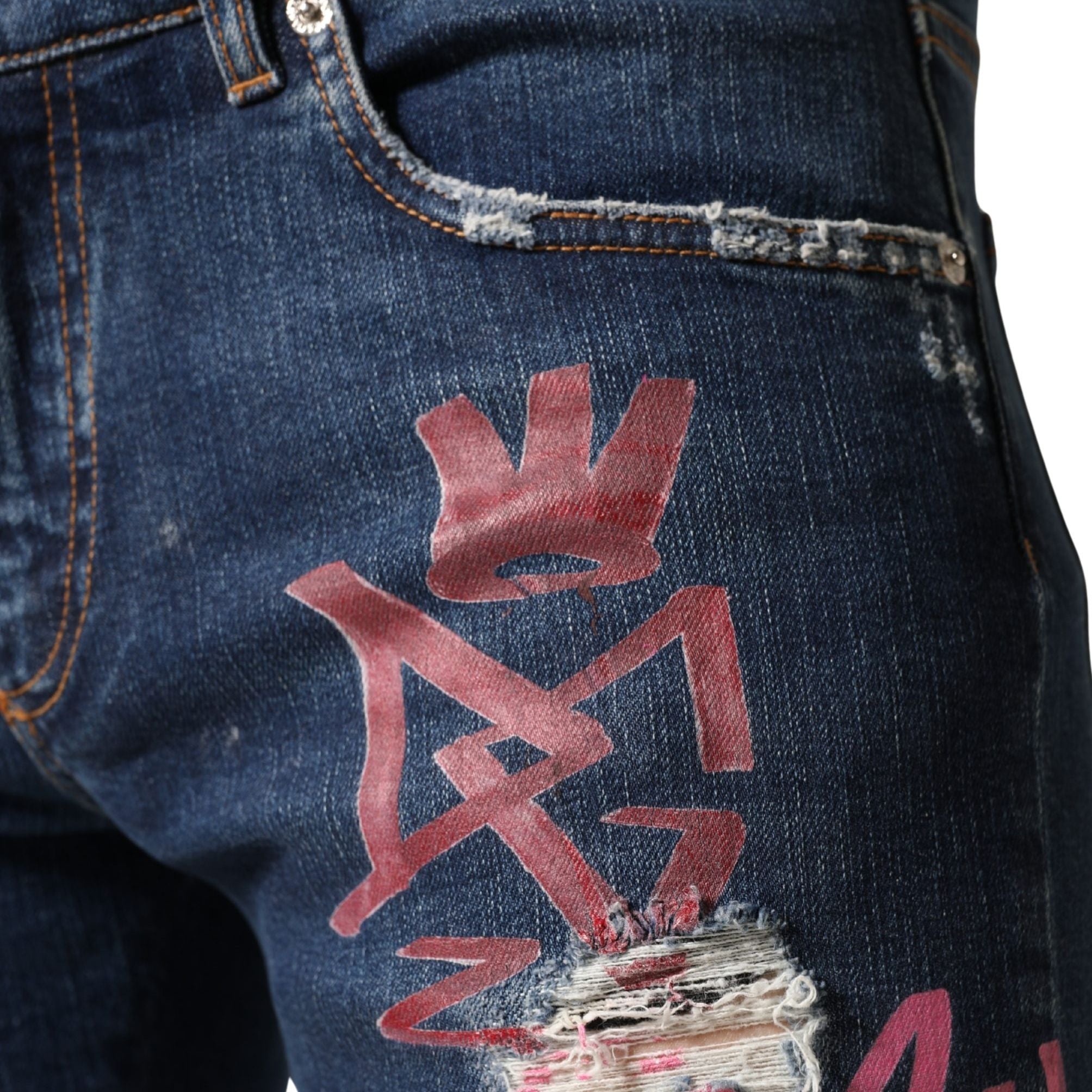 Dolce & Gabbana Blue Distressed Graffiti Print Skinny Jeans