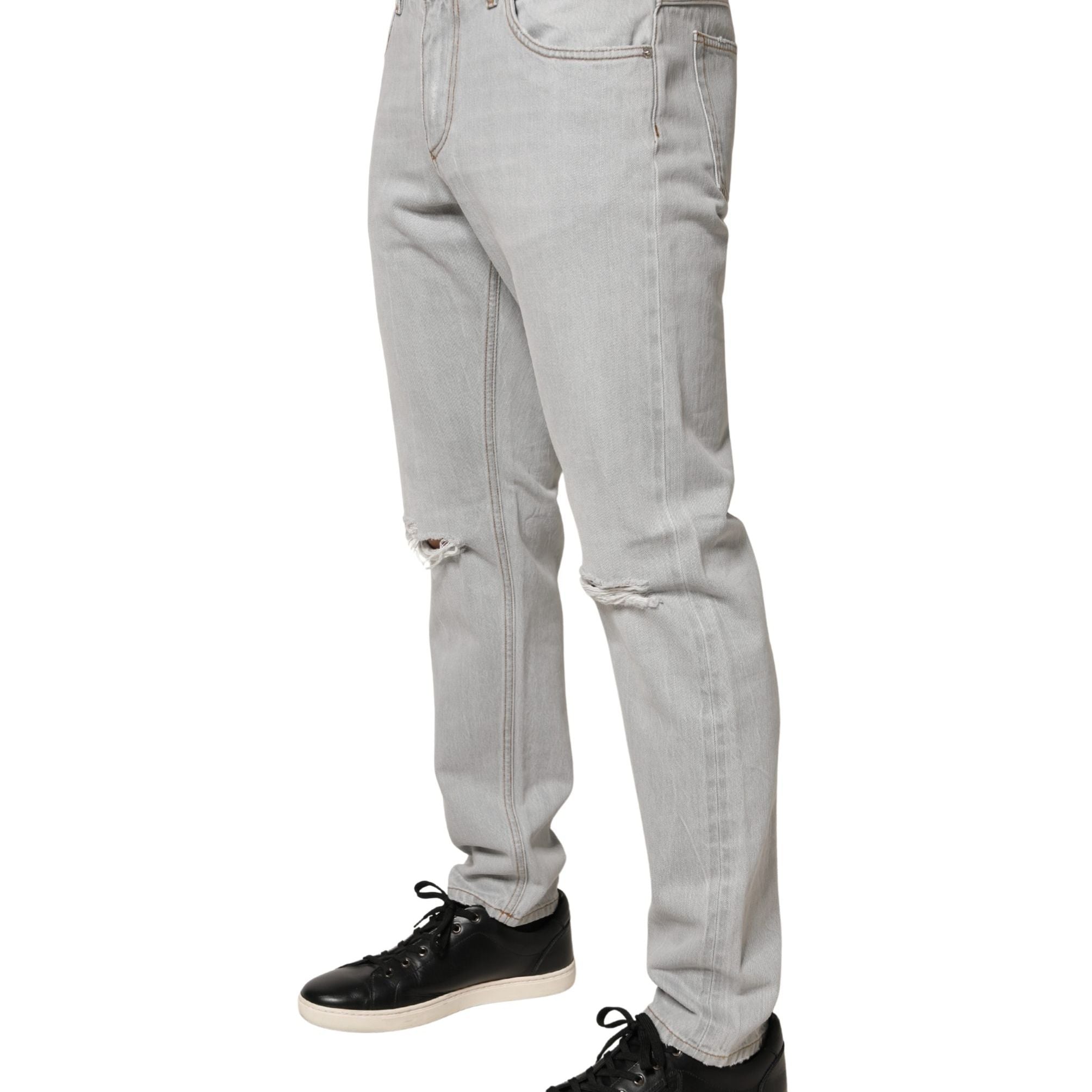 Dolce & Gabbana Light Gray Ripped Cotton Regular Denim Jeans