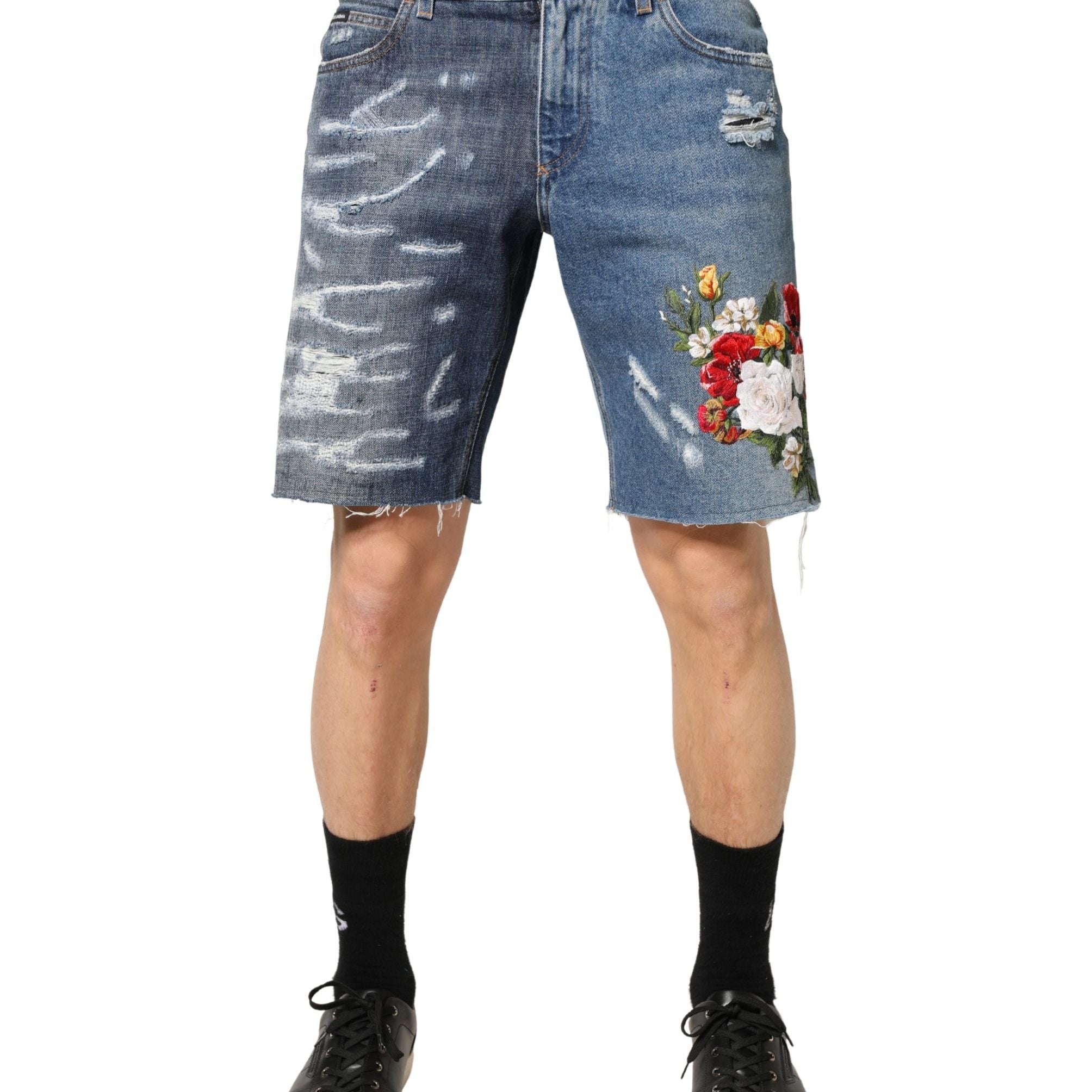 Dolce & Gabbana Blue Floral Embroidery Tattered Denim Shorts