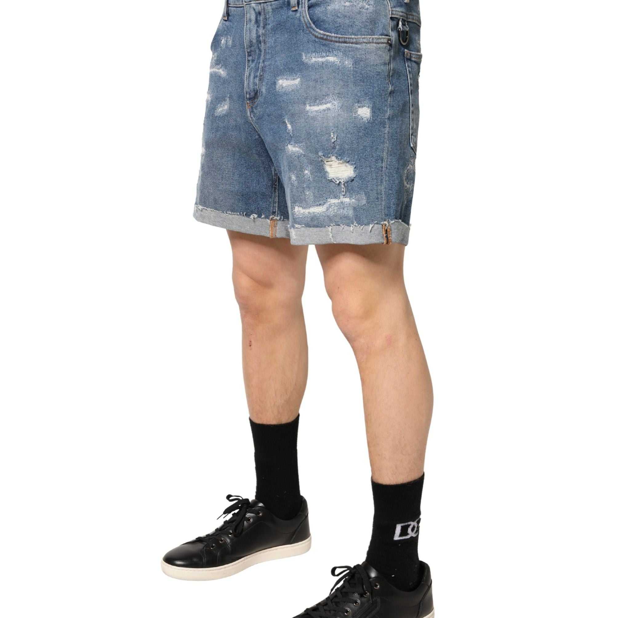 Dolce & Gabbana Blue Cotton Distressed Denim Bermuda Shorts