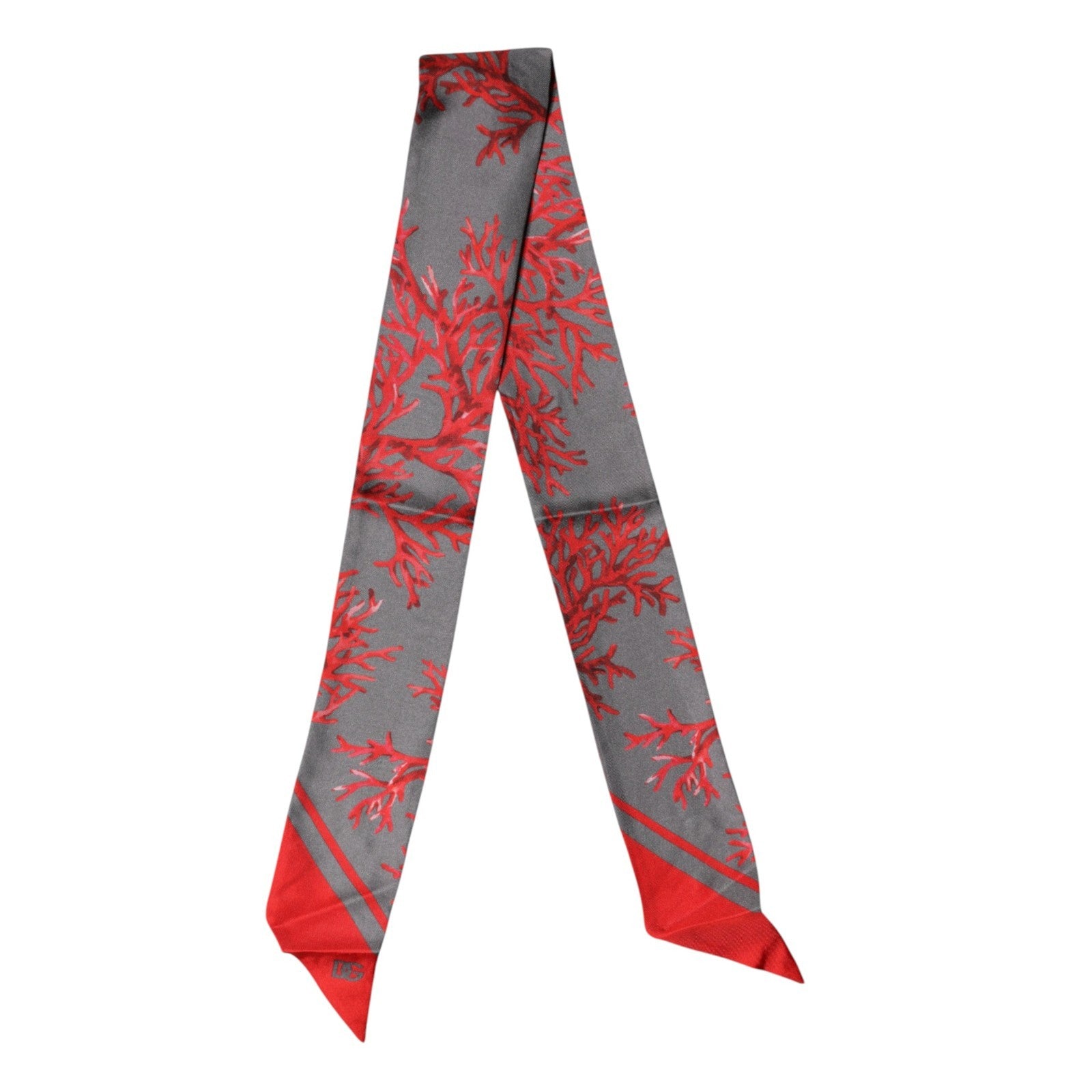 Dolce & Gabbana Red Gray Coral Print Neck Wrap Foulard 6cm x 98cm Scarf